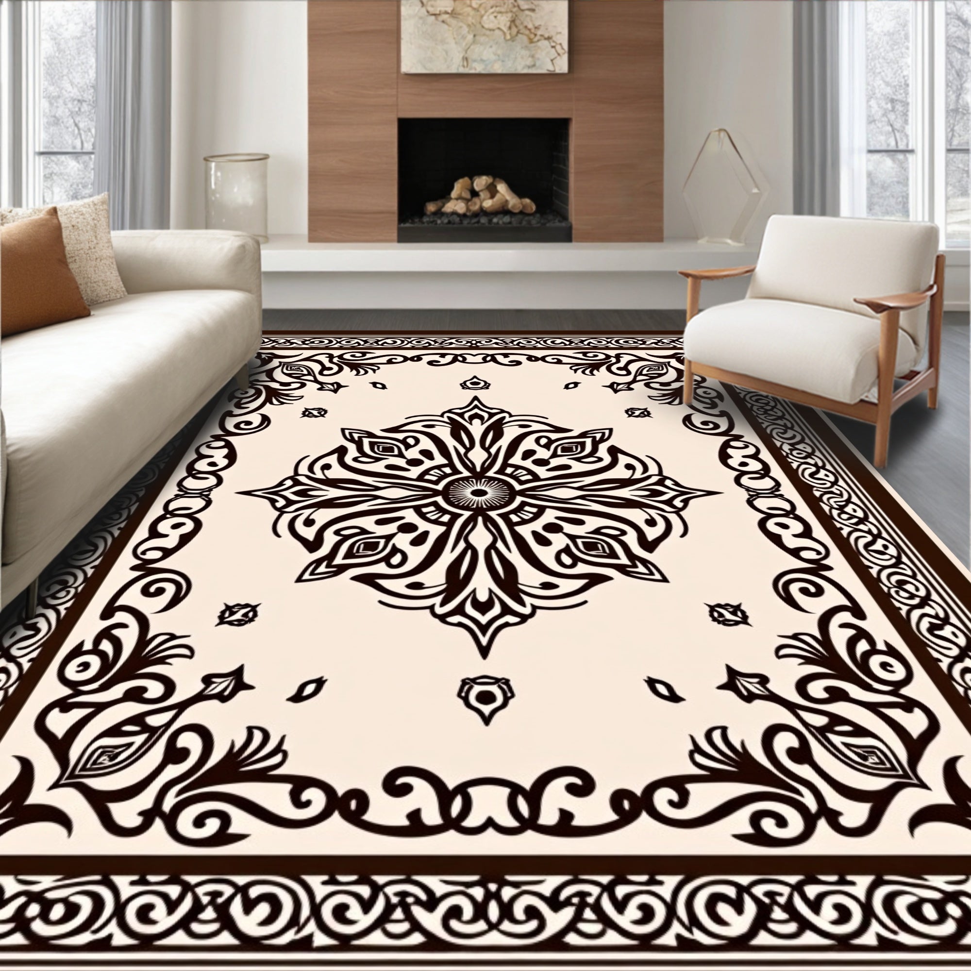 Dark Brown Centralized Floral Scrollwork Rug
