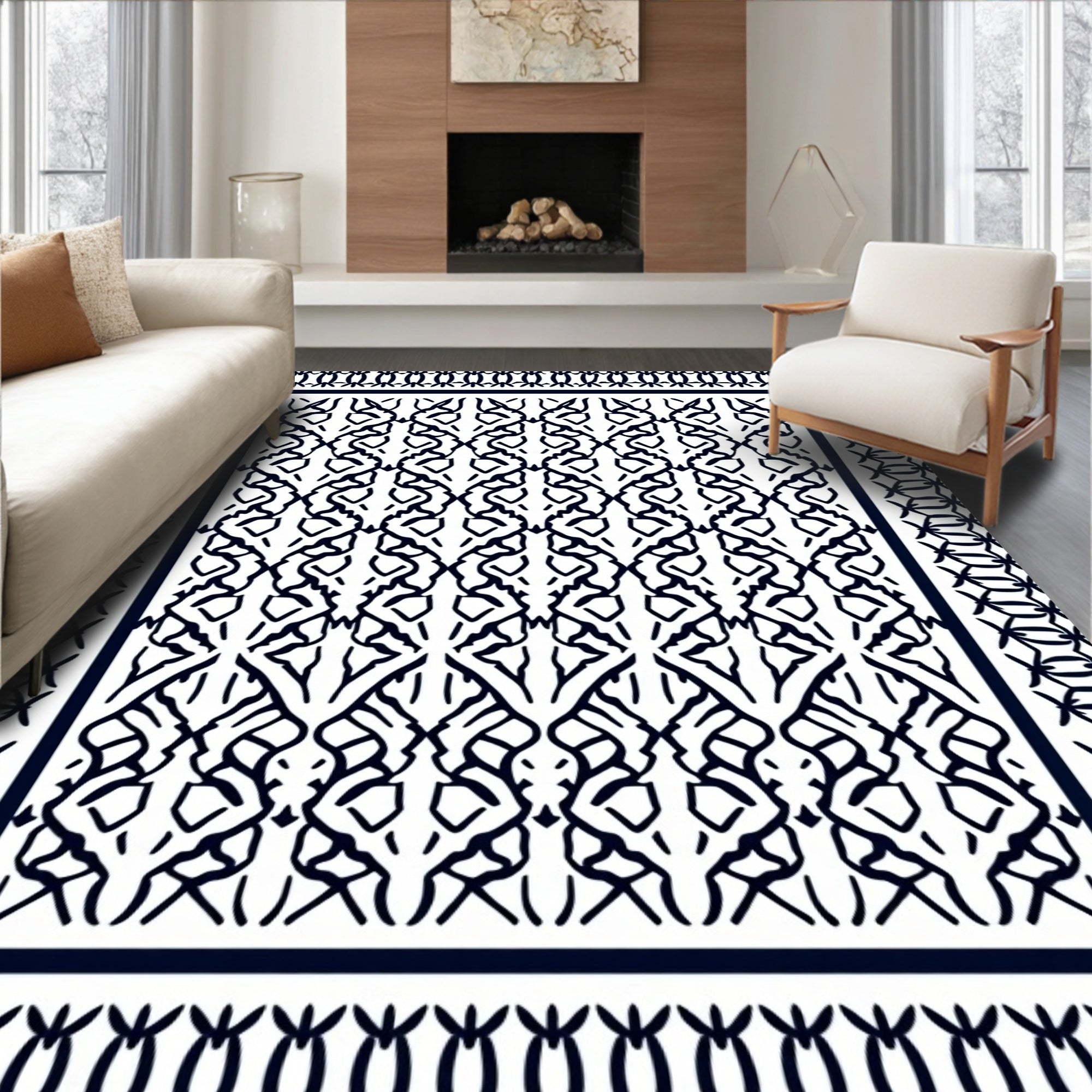 Dark Blue Traditional Scrollwork Border Rug