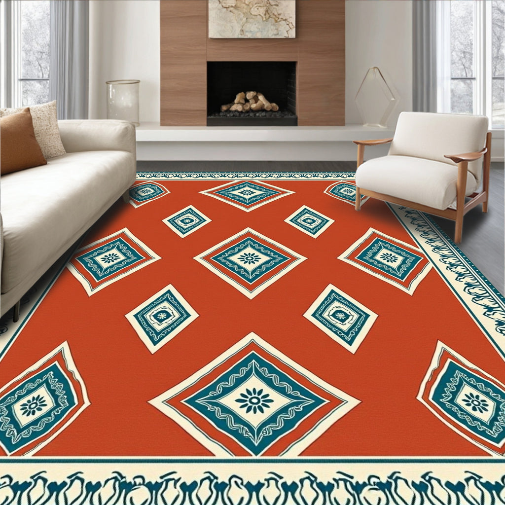 Terracotta Diamond Medallion Border Rug