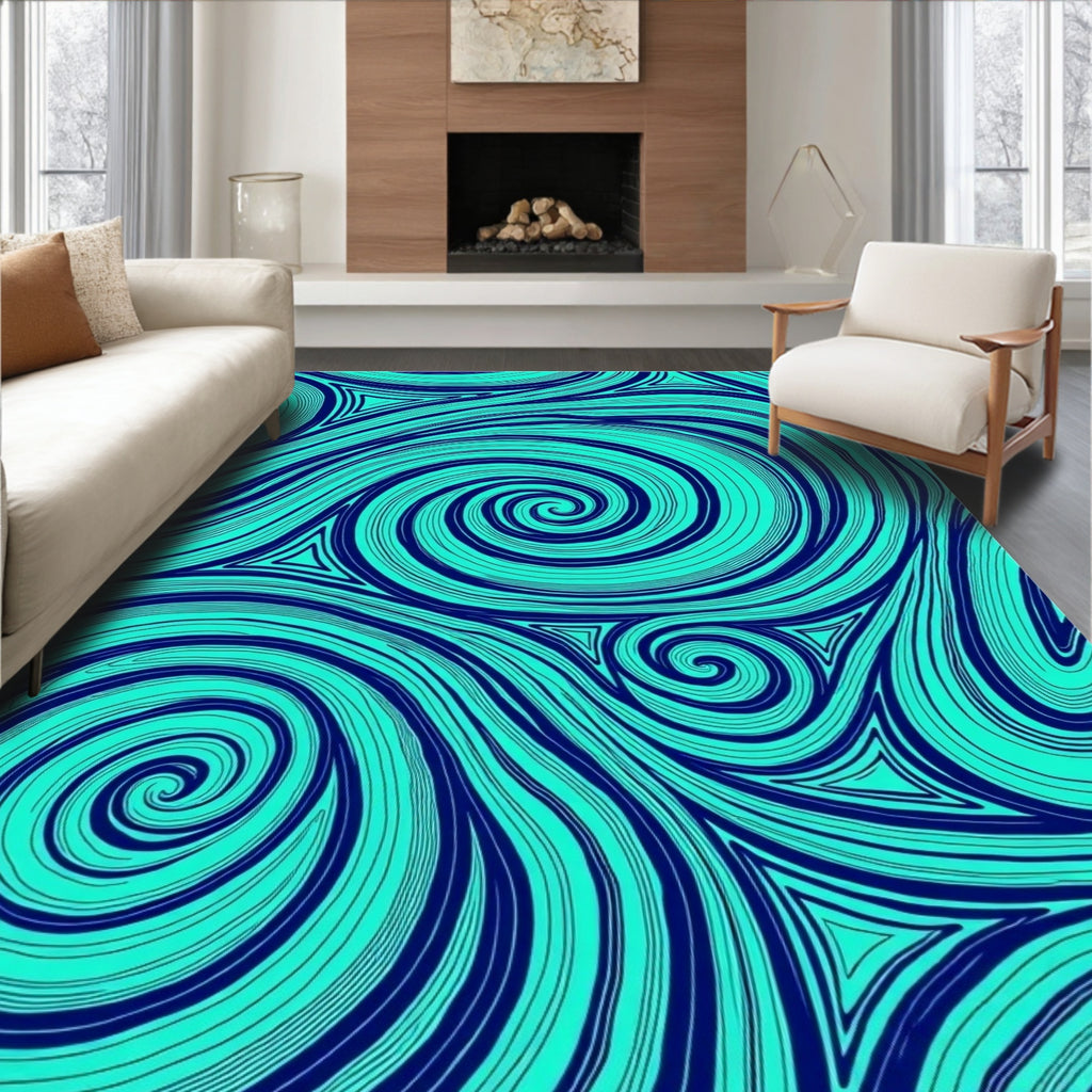 Deep Blue Swirling Aqua Curves Rug