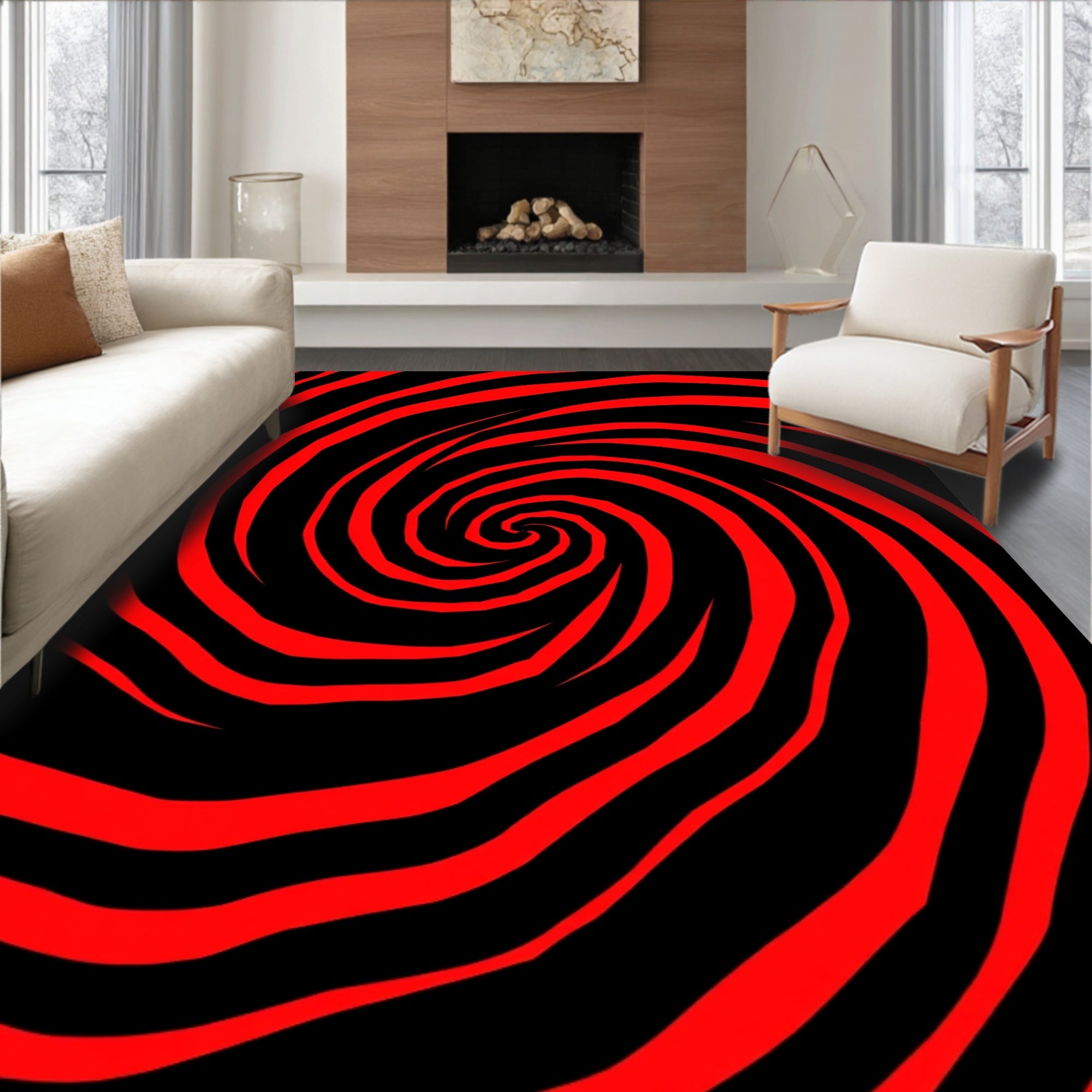 Bold Red Black Swirl Rug