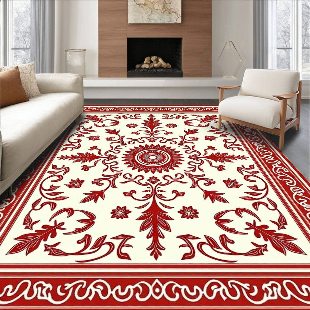 Ornate Red Leaf Garland Art Rug