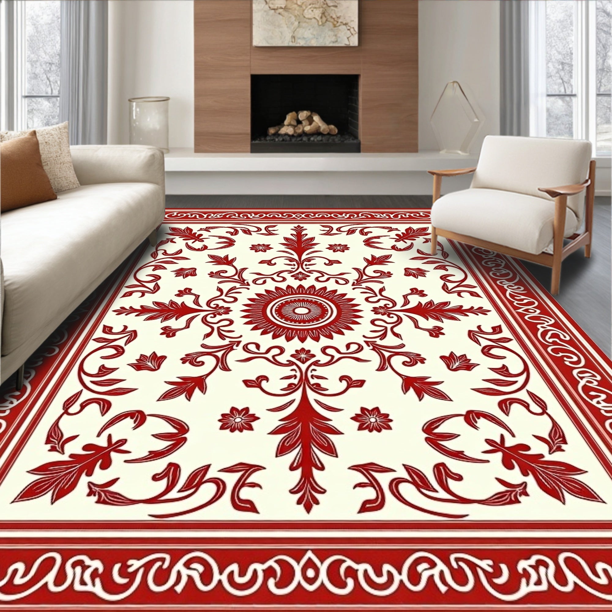 Ornate Red Leaf Garland Art Rug