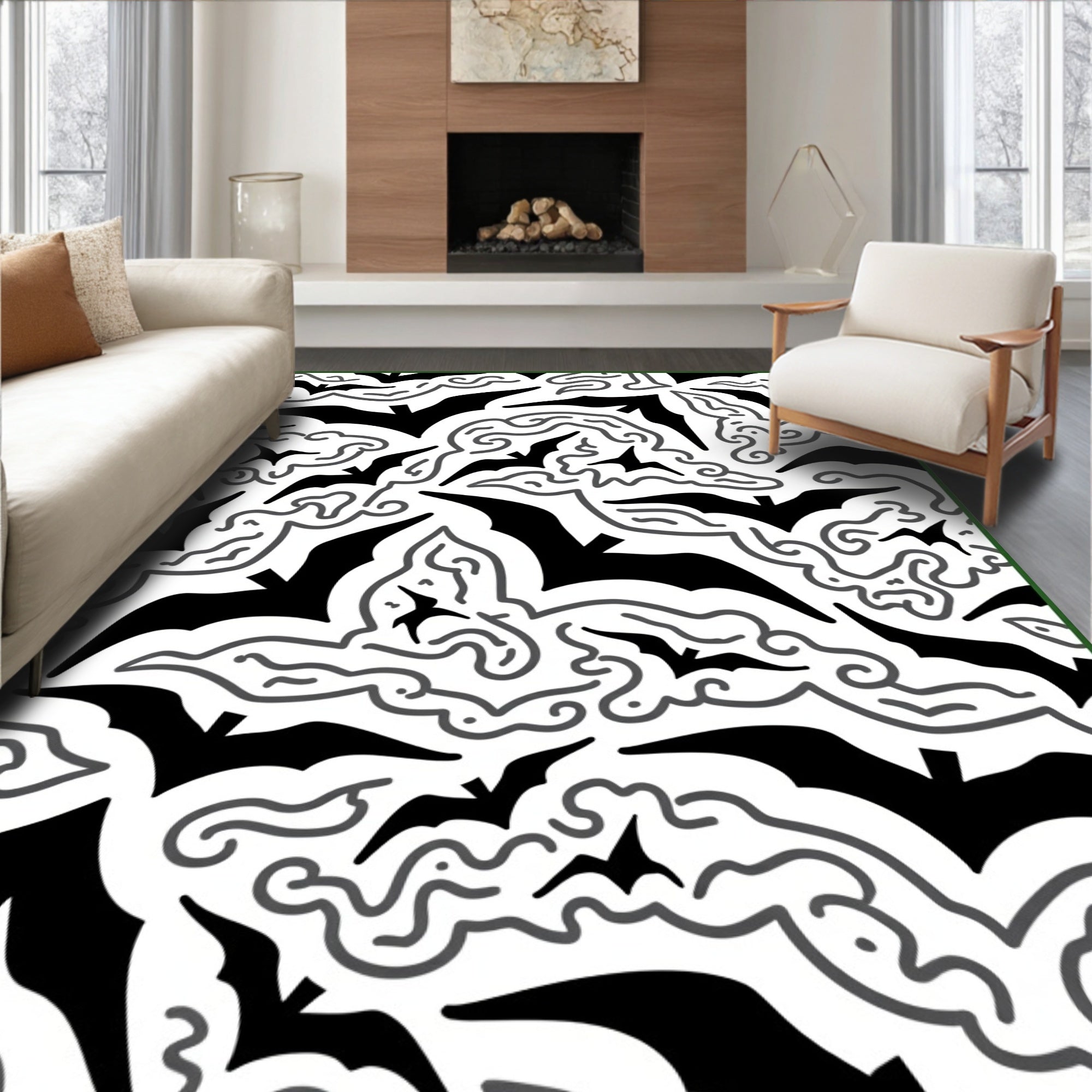 Ethereal Bats Swirling Black Clouds Rug