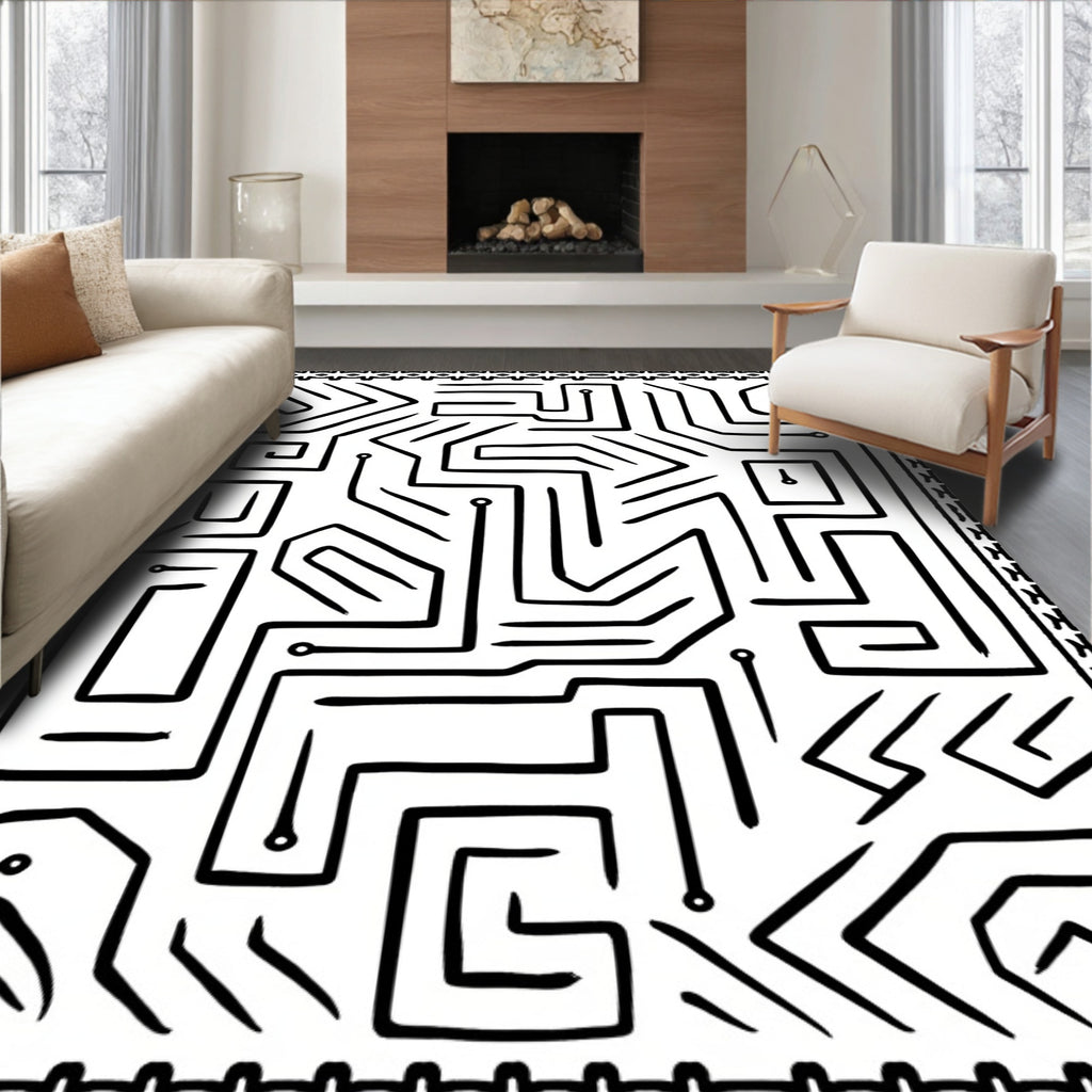 Black White Labyrinth Shapes Border Rug