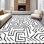 Black White Labyrinth Shapes Border Rug