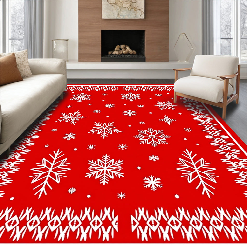 Crimson White Snowflake Winter Border Rug
