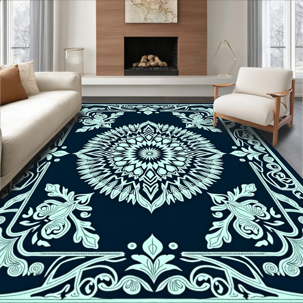 Navy Mint Leaf Mandala Rug