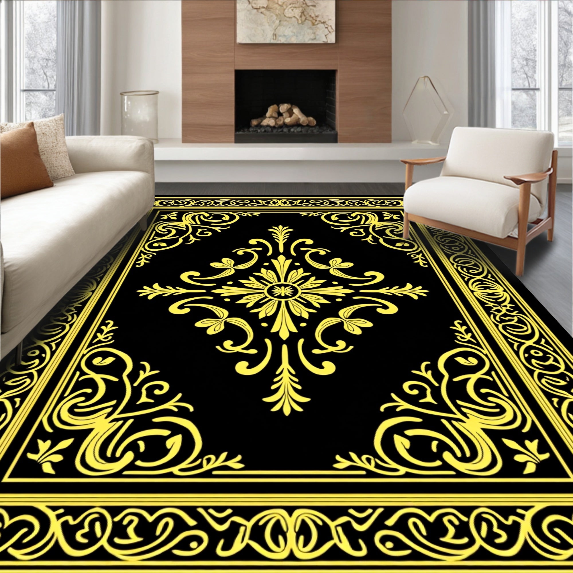 Golden Black Ornate Medallion Frame Rug