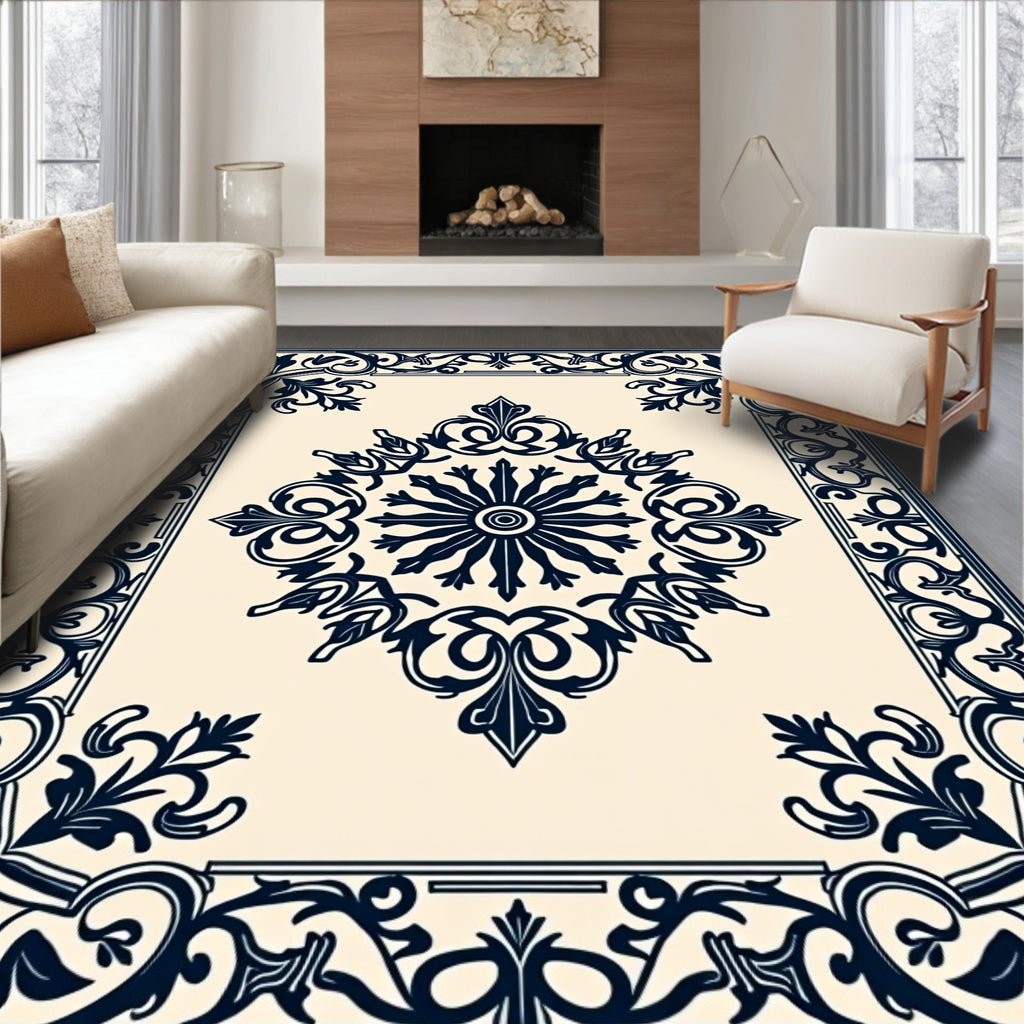 Ornate Navy Floral Square Medallion Rug