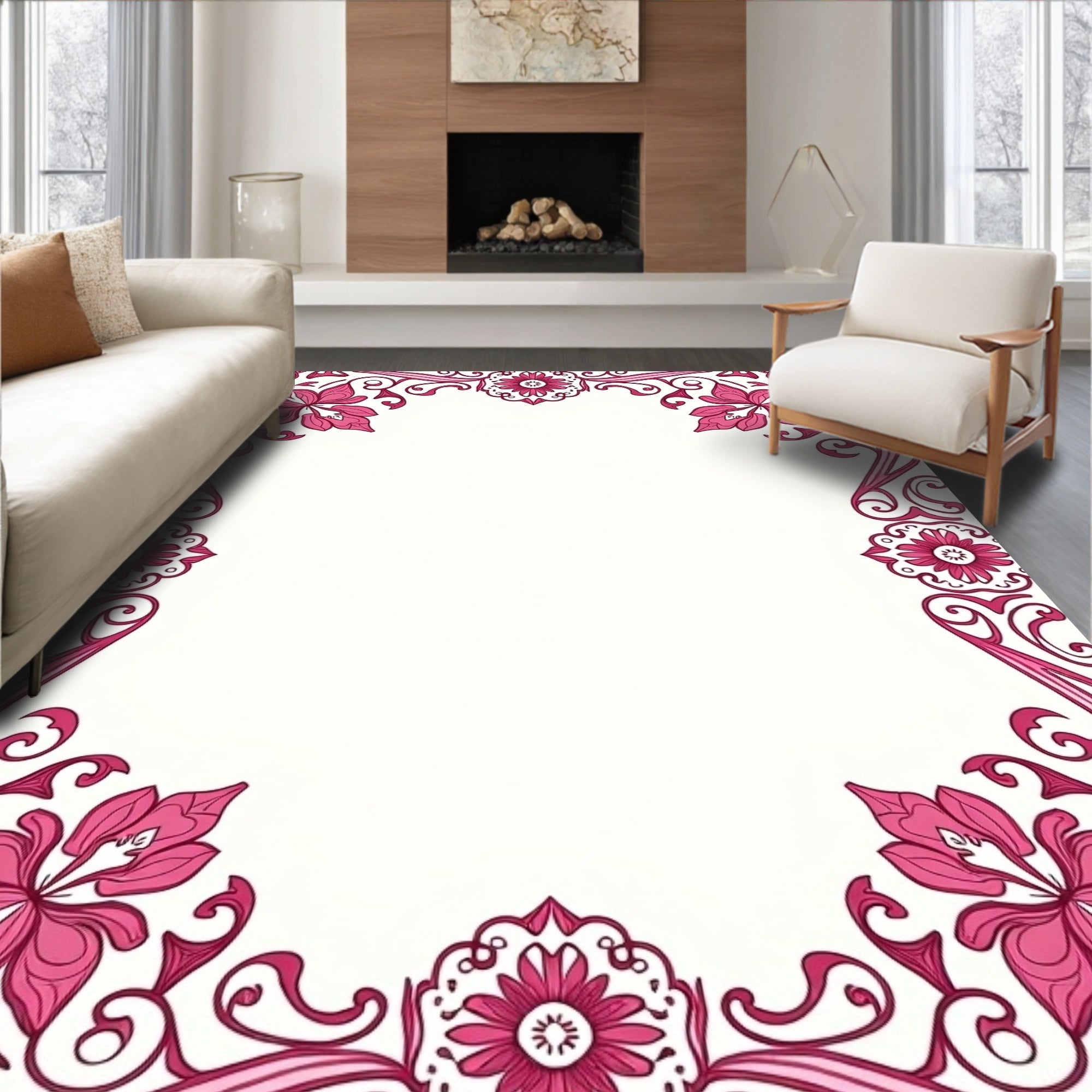 Magnificent Fuchsia Floral Scrollwork Border Rug