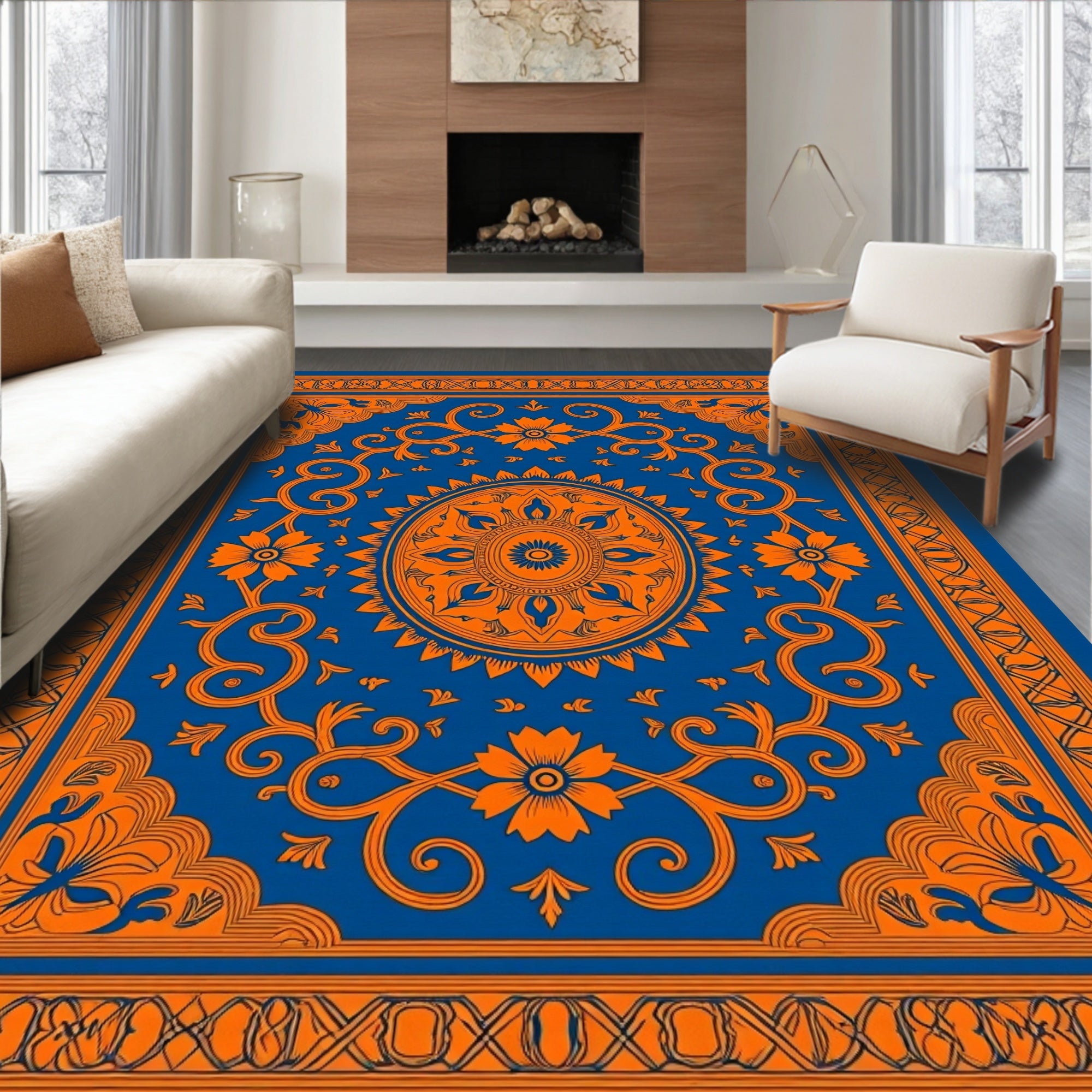 Orange Floral Medallion Blue Border Rug