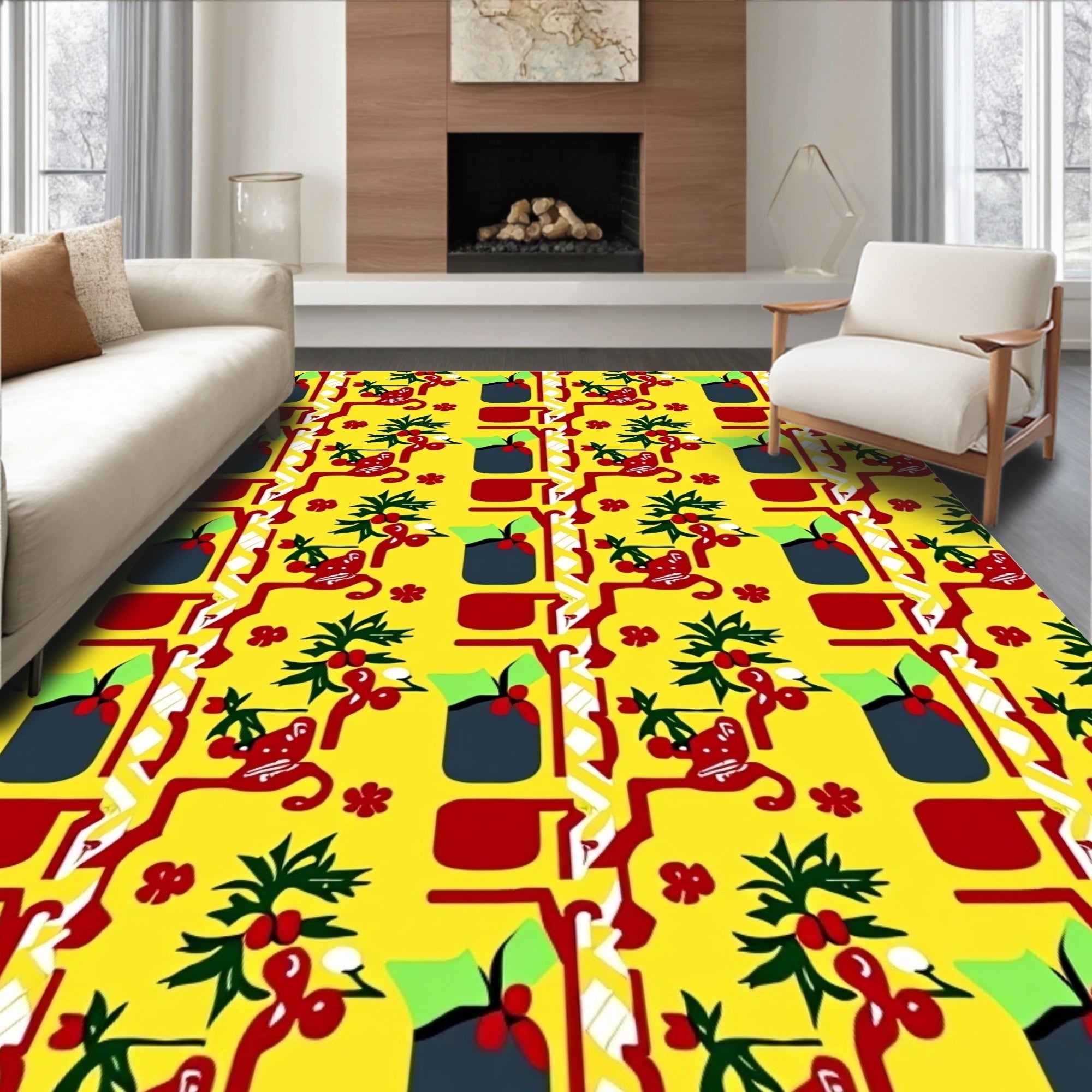 Bold Red Leafy Branch Yellow Rug