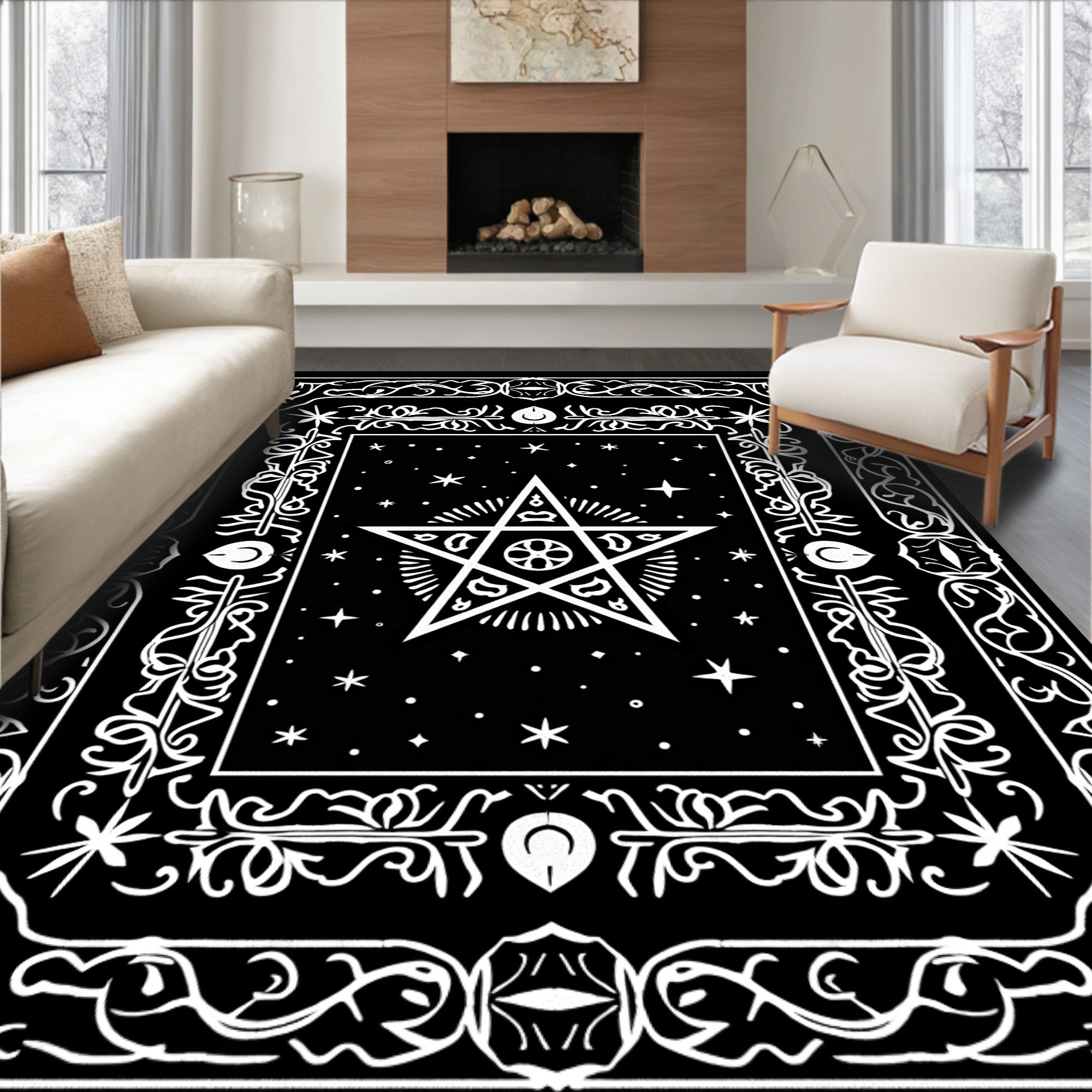 Mystical Black Starburst Pentagram Rug