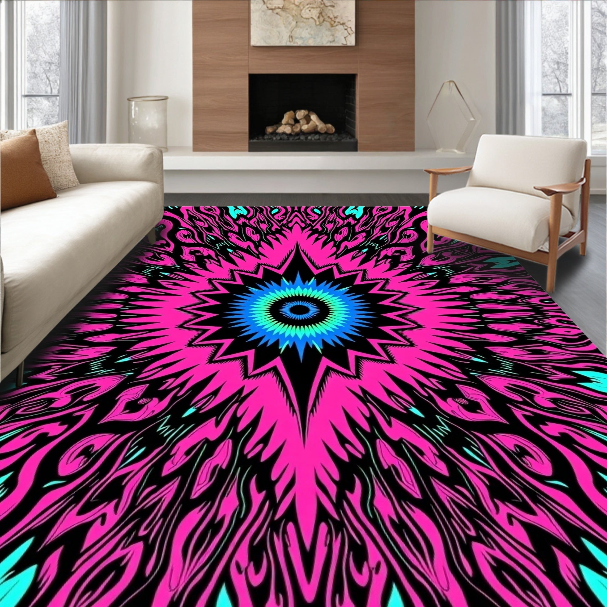 Vibrant Pink Cyan Starburst Mandala Rug