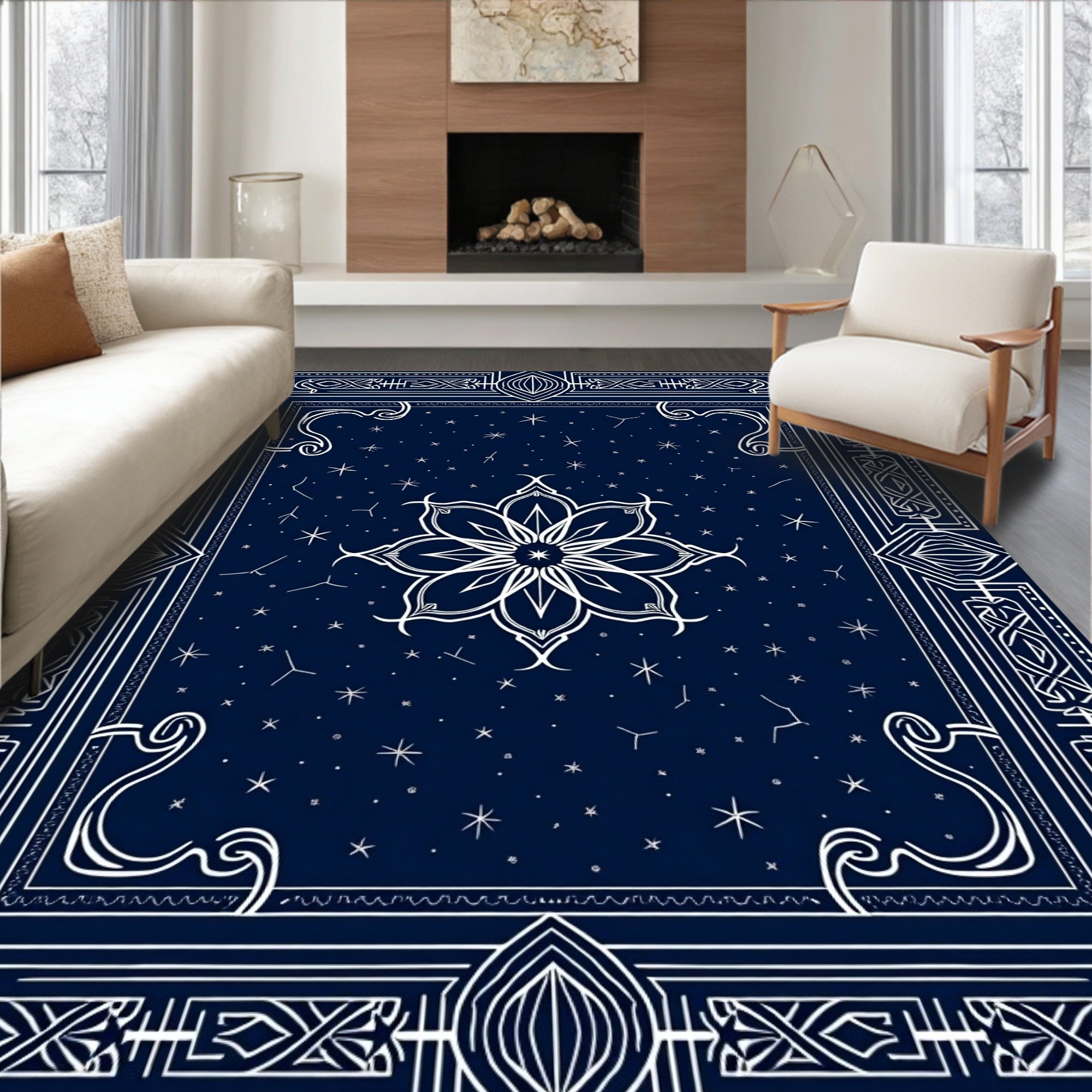 Deep Blue Celestial Star Floral Rug