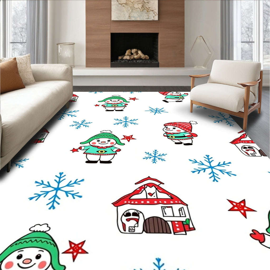 Cute Snowman And Snowflake Holiday Scene Rug
