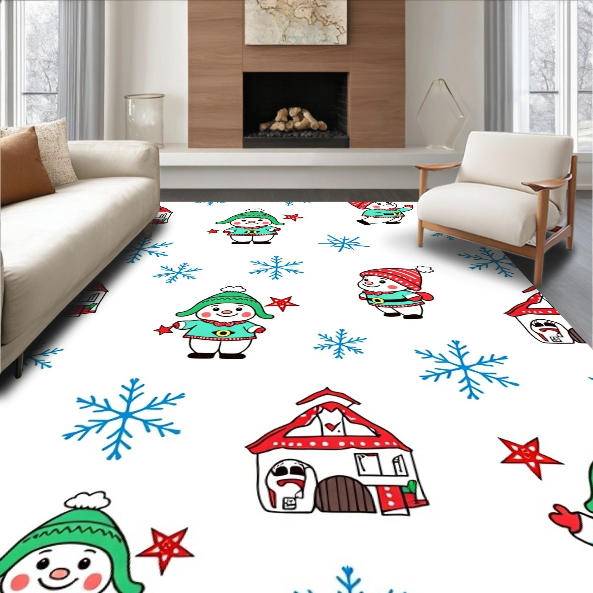 Cute Snowman And Snowflake Holiday Scene Rug