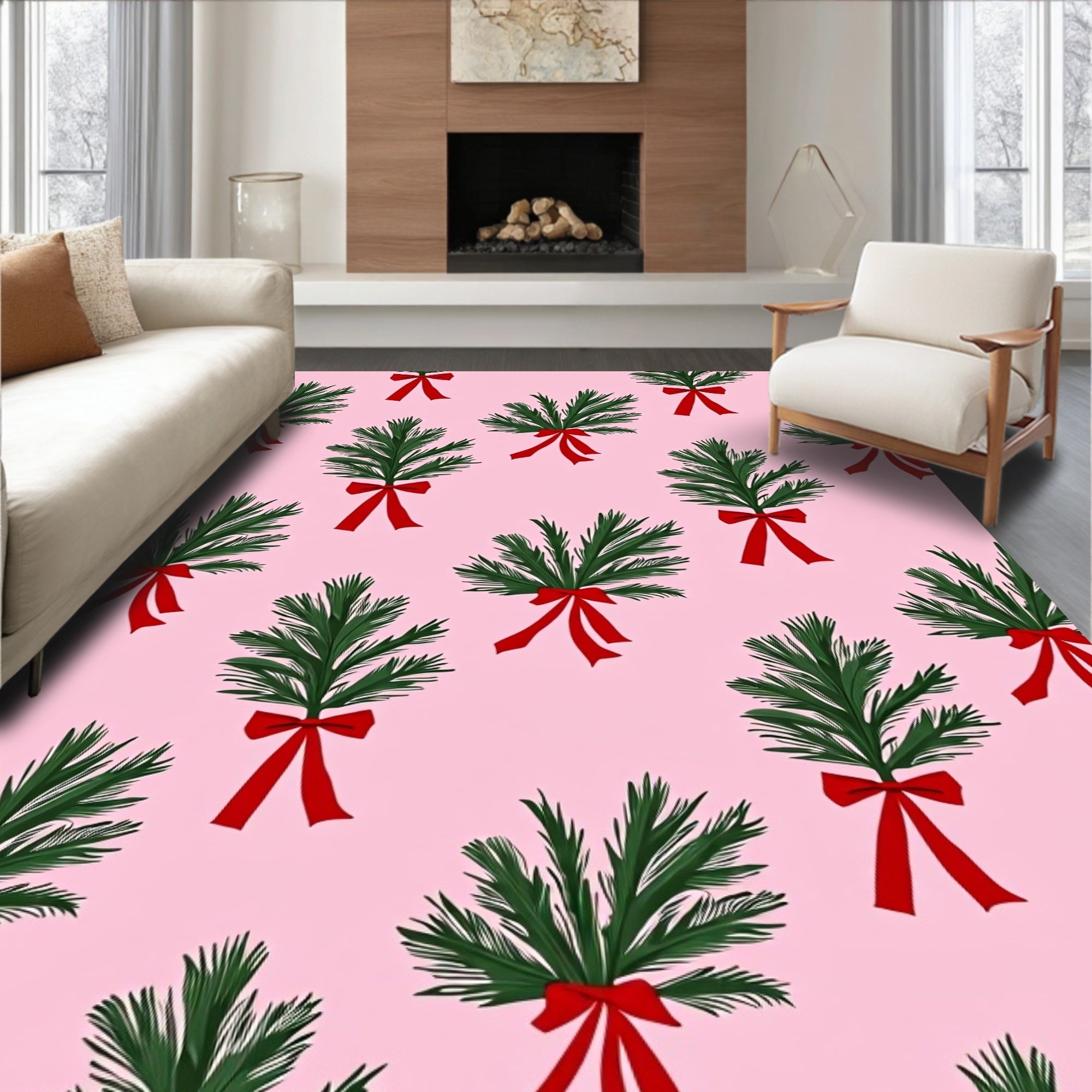 Pink Evergreen Bow Toss Rug