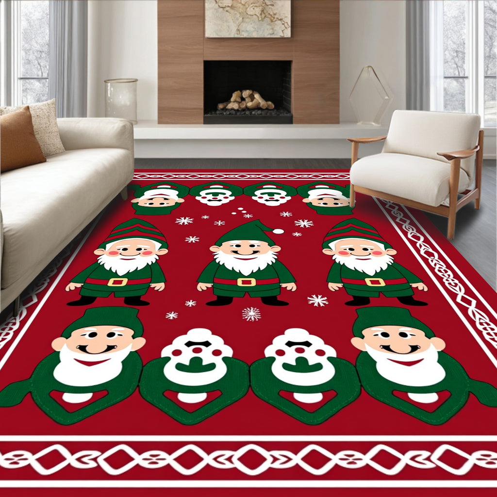 Whimsical Red Green Gnome Snowflake Border Rug