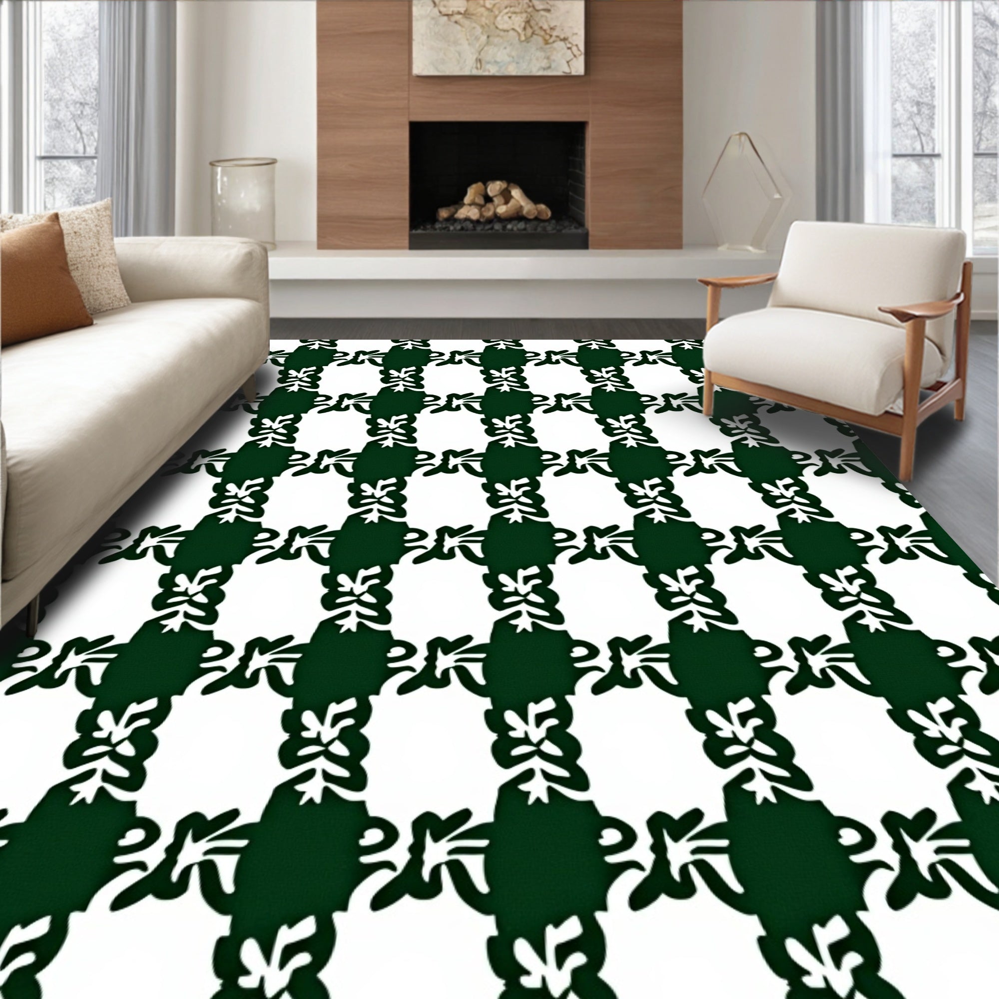 Forest Green White Lattice Vine Rug