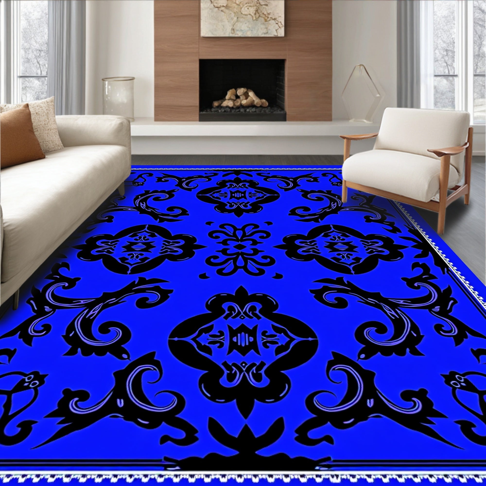 Bold Royal Blue Black Damask Medallion Rug