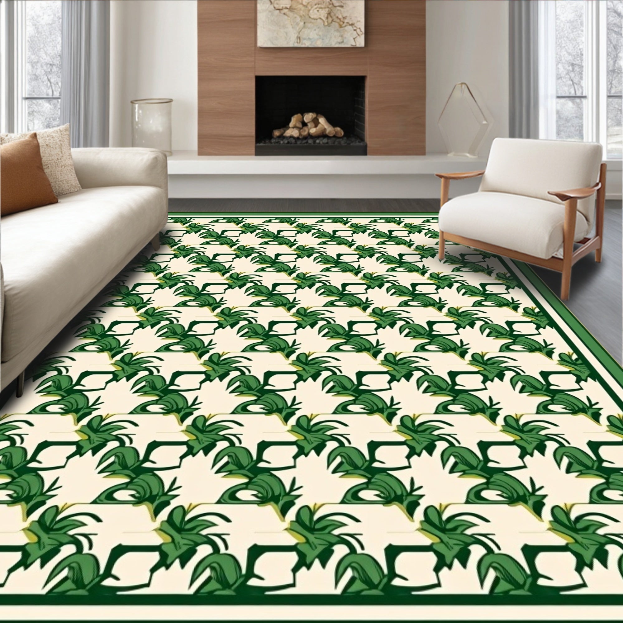 Emerald Green Leafy Border Repeating Rug