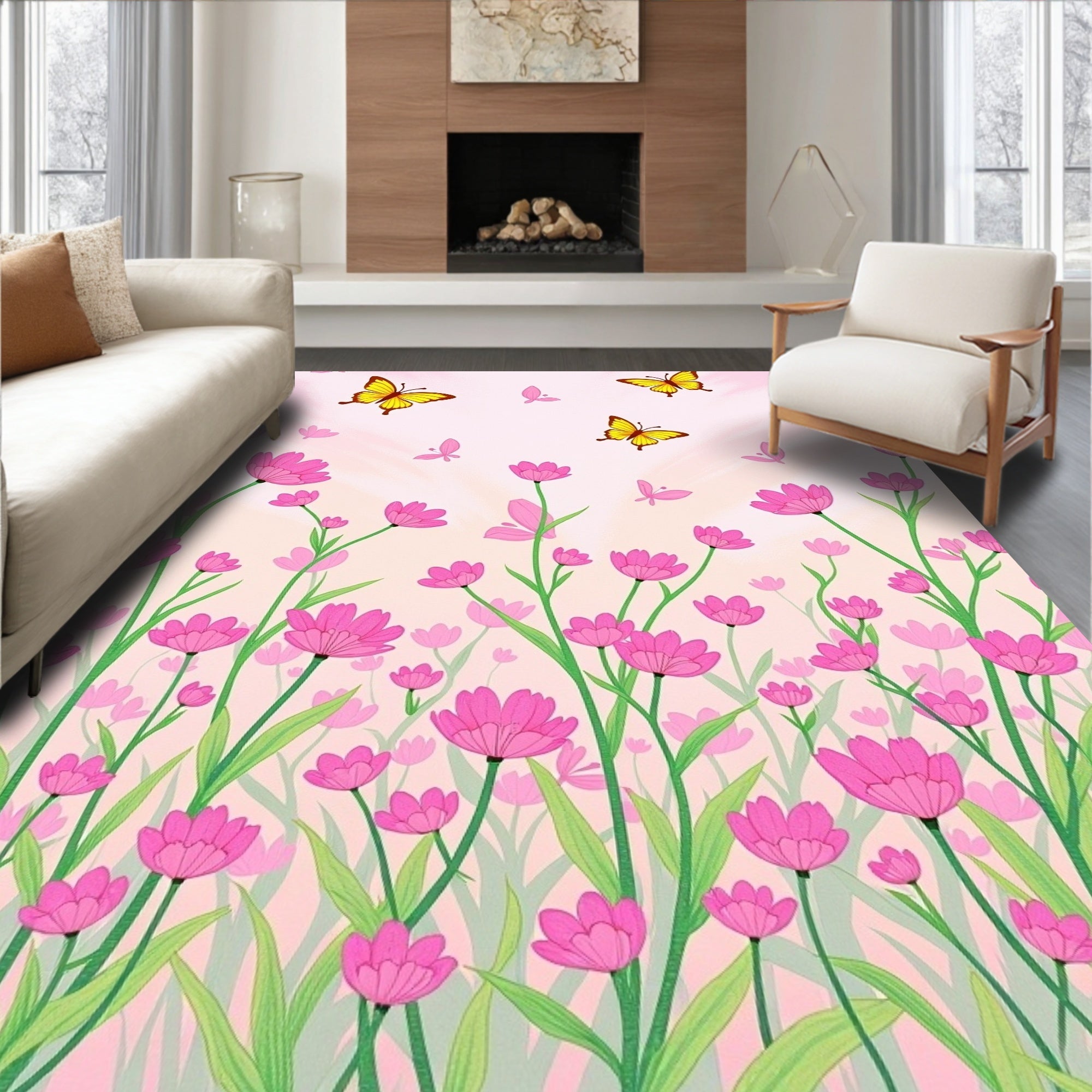 Pink Flowers Yellow Butterflies Garden Rug