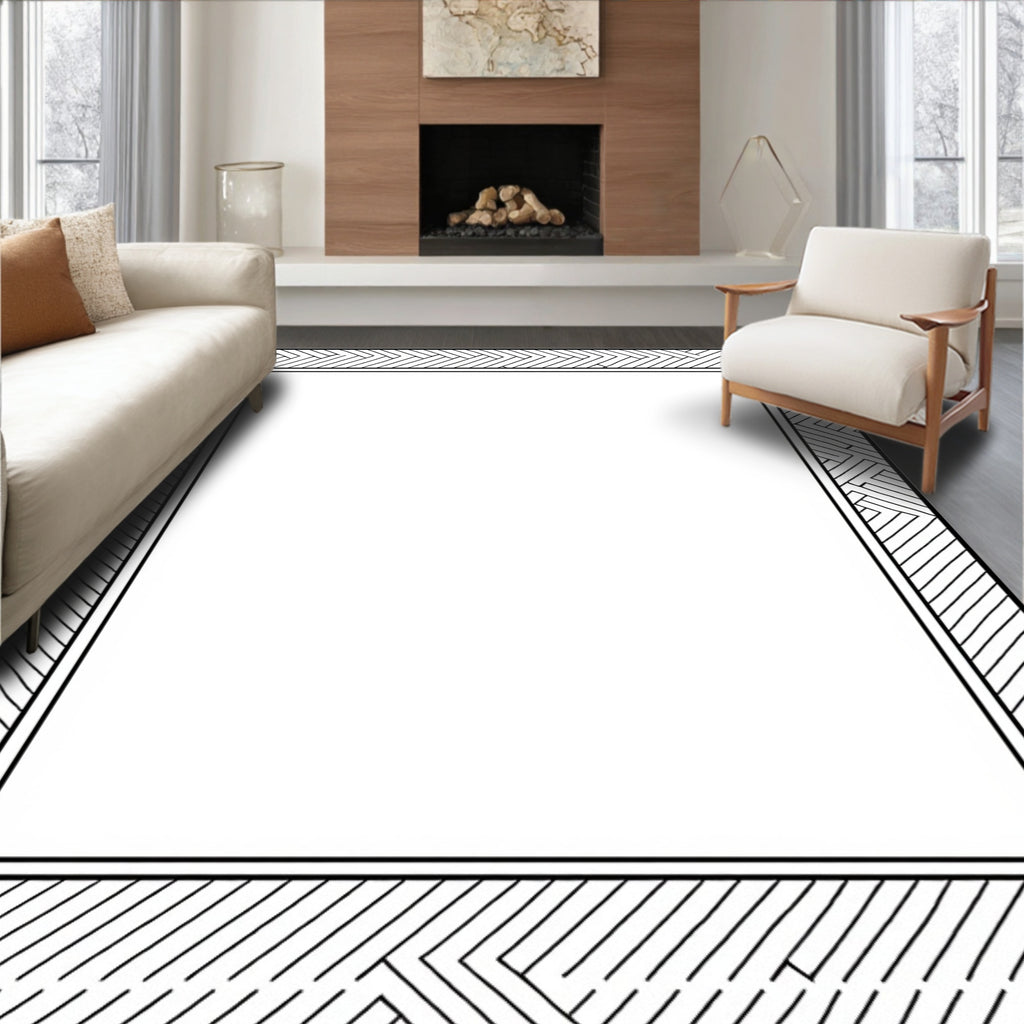 Geometric Black White Herringbone Border Rug