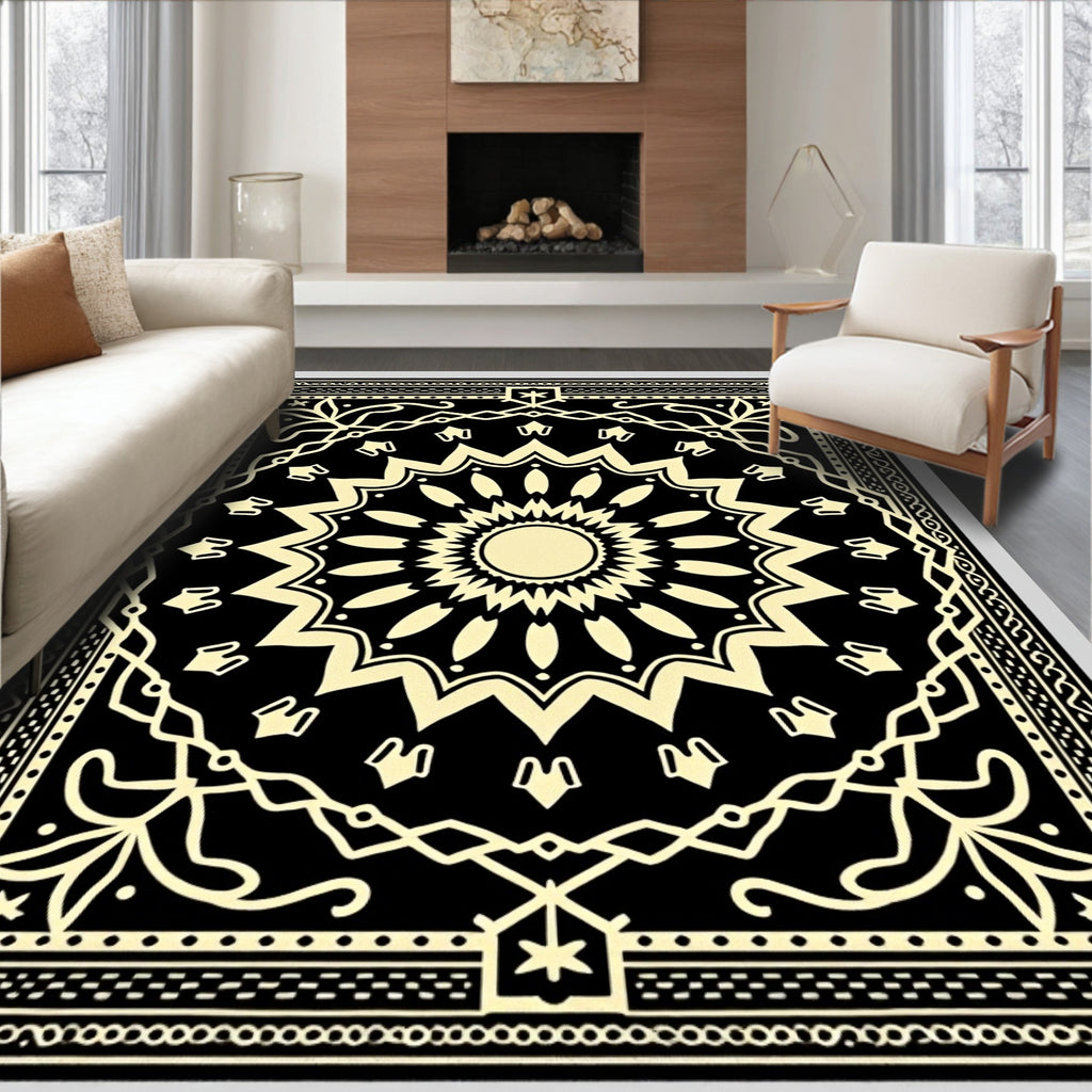 Black And Cream Sunburst Medallion Rug