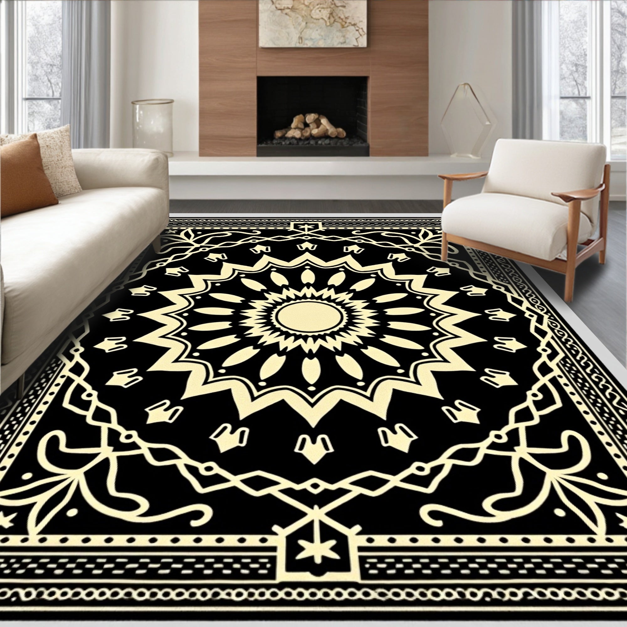 Black And Cream Sunburst Medallion Rug
