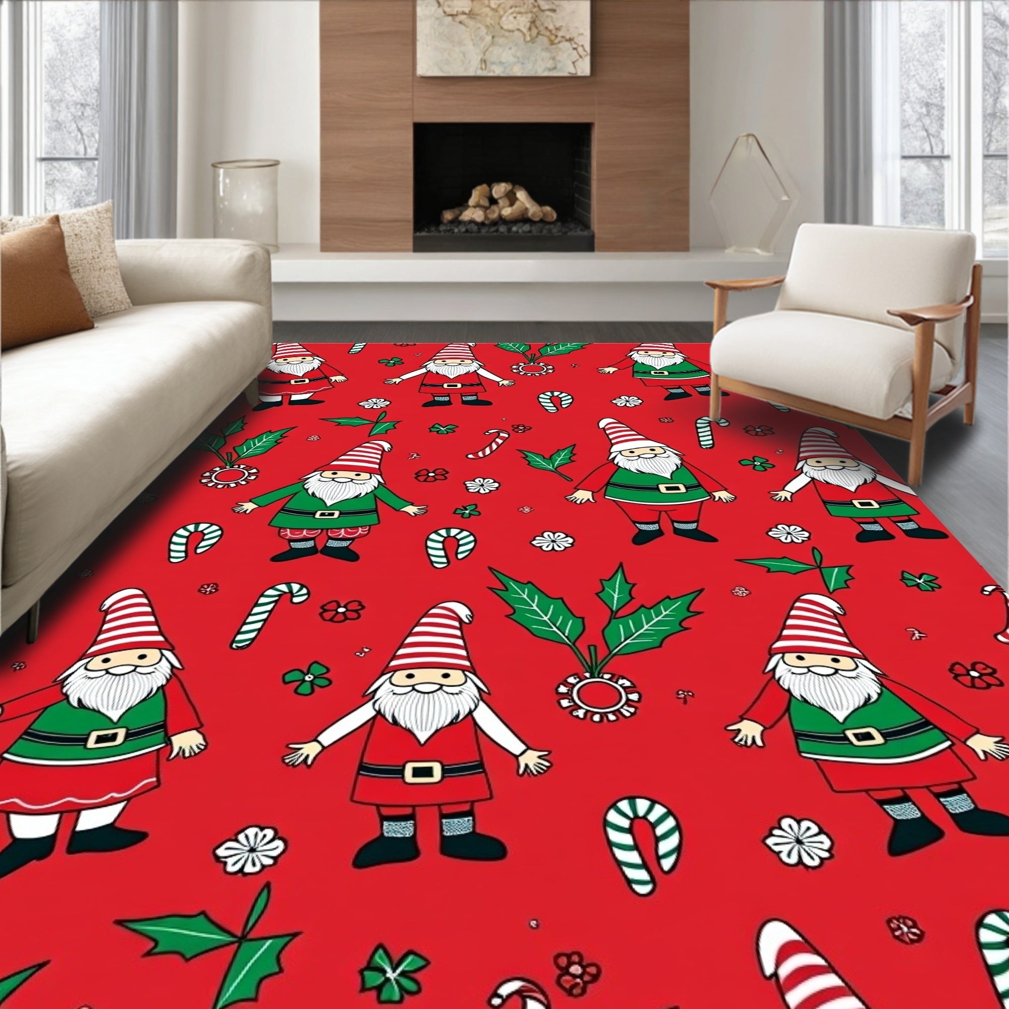 Festive Christmas Gnomes Candy Cane Holly Rug