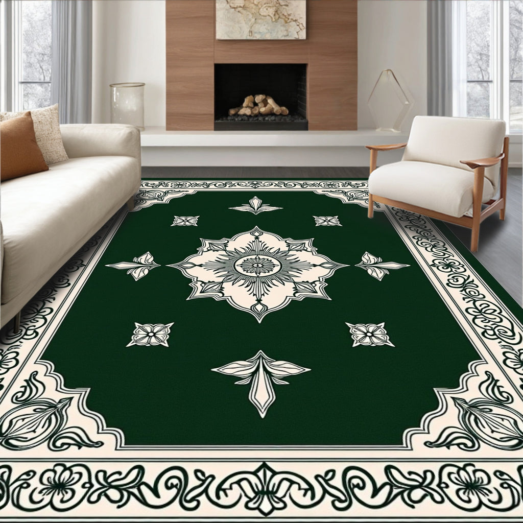 Forest Green Cream Floral Medallion Border Rug