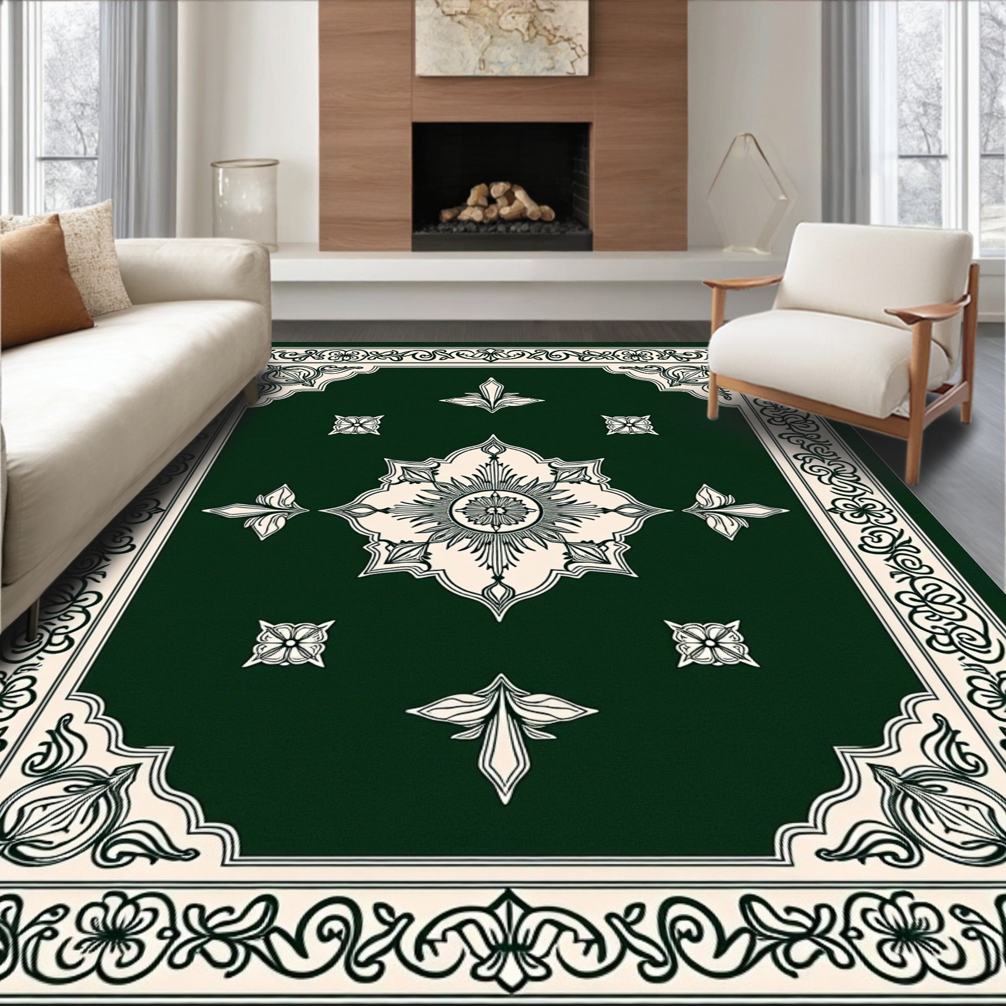 Forest Green Cream Floral Medallion Border Rug