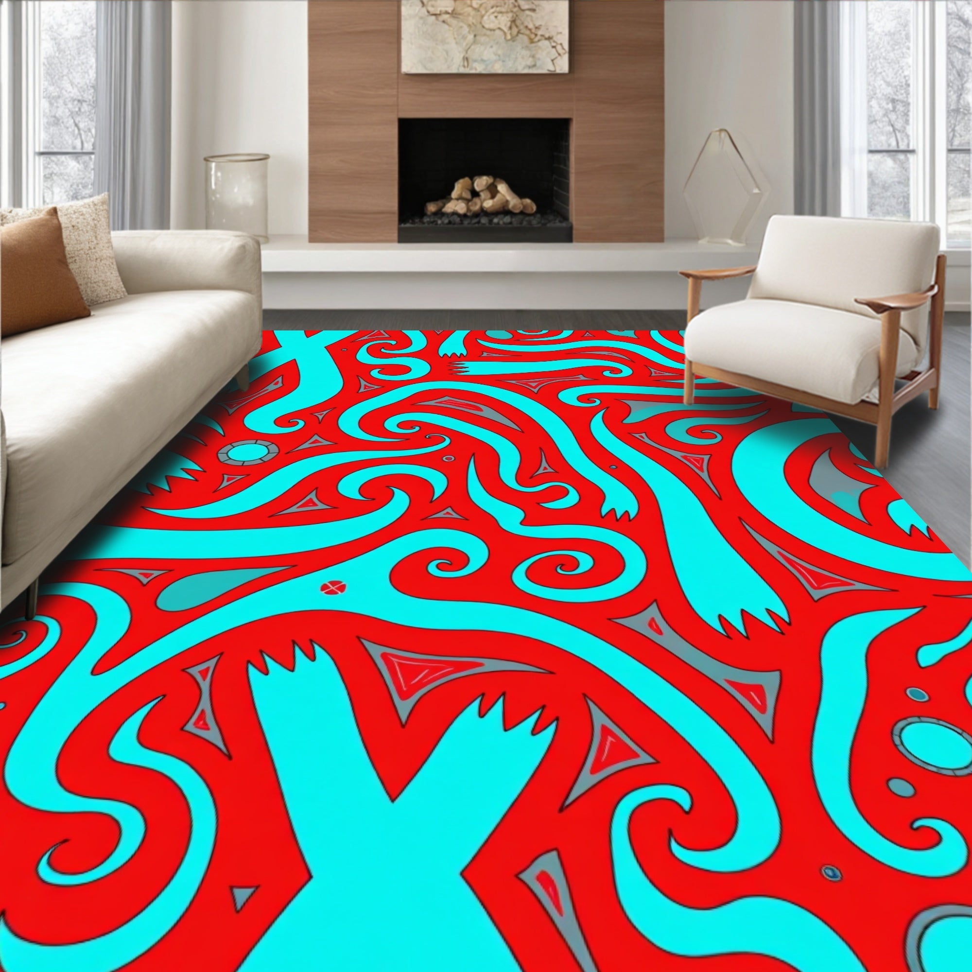 Vibrant Red Aqua Swirls Rug