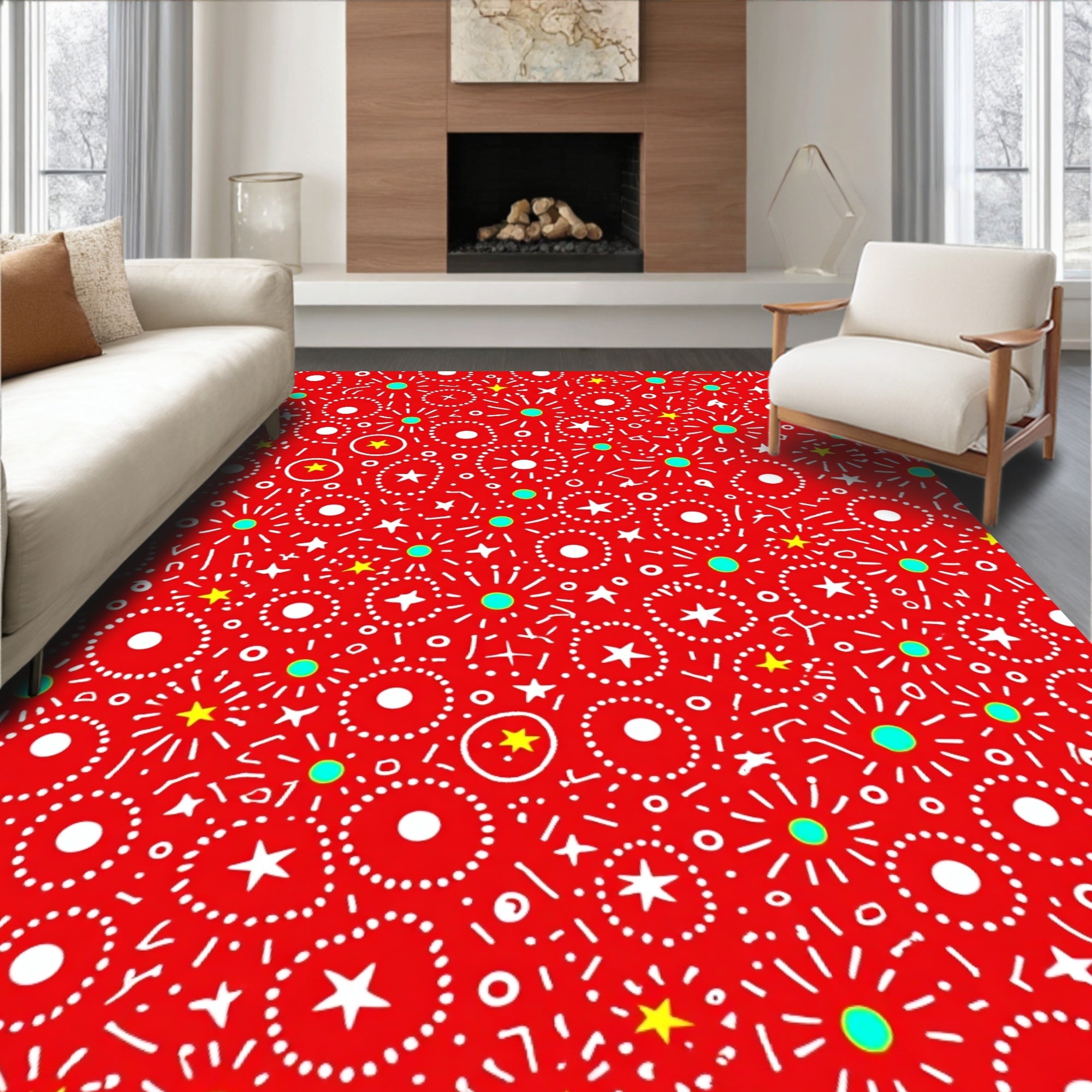 Festive Red Dotted Starburst Area Rug