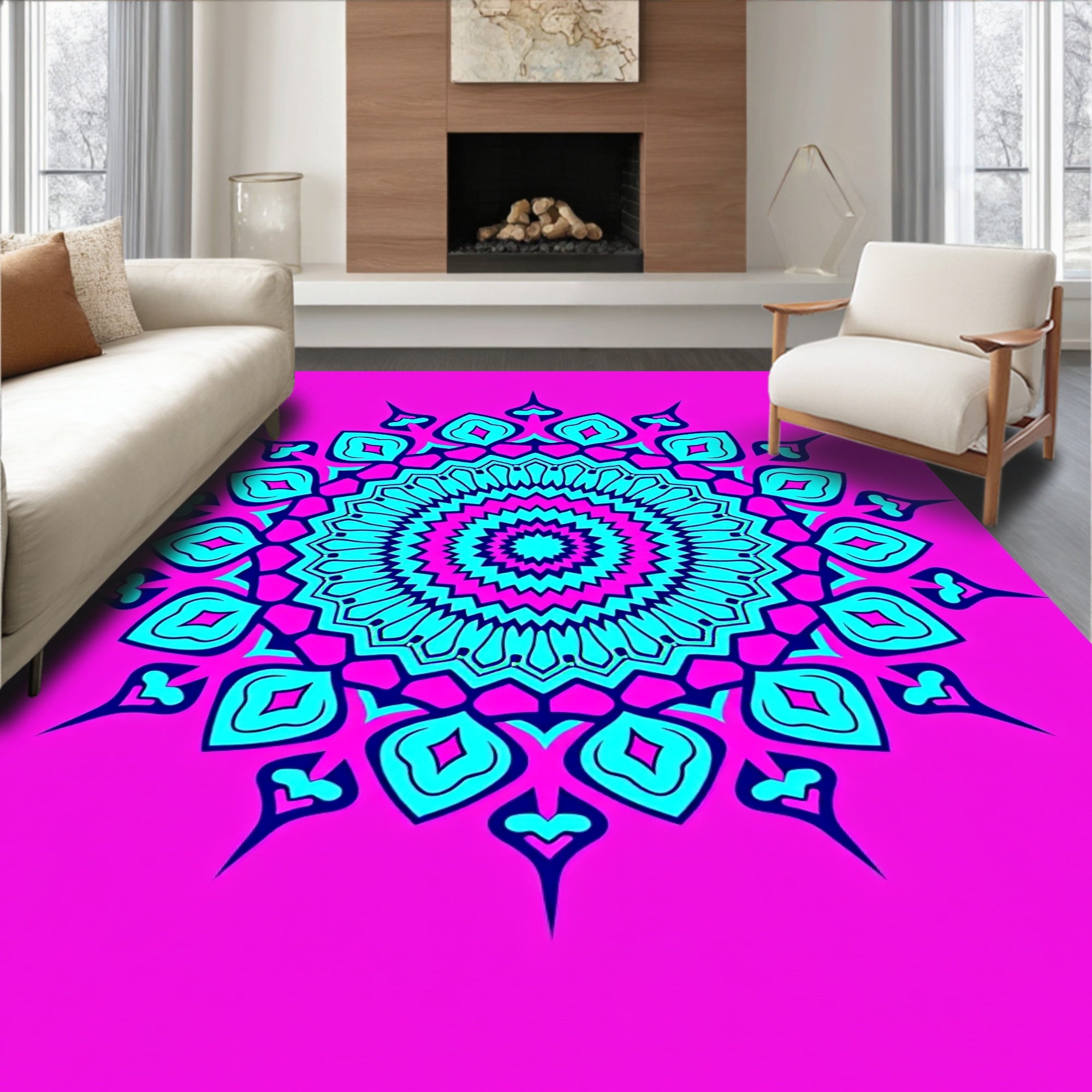 Vibrant Magenta Teal Mandala Rug