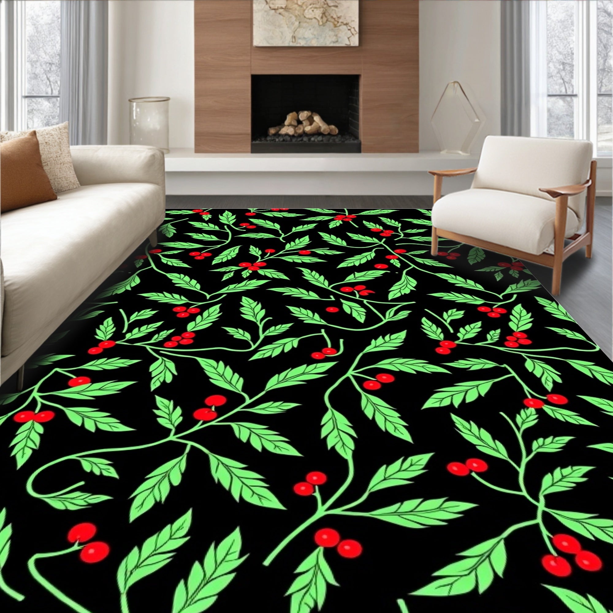 Black Red Green Holly Sprig Rug