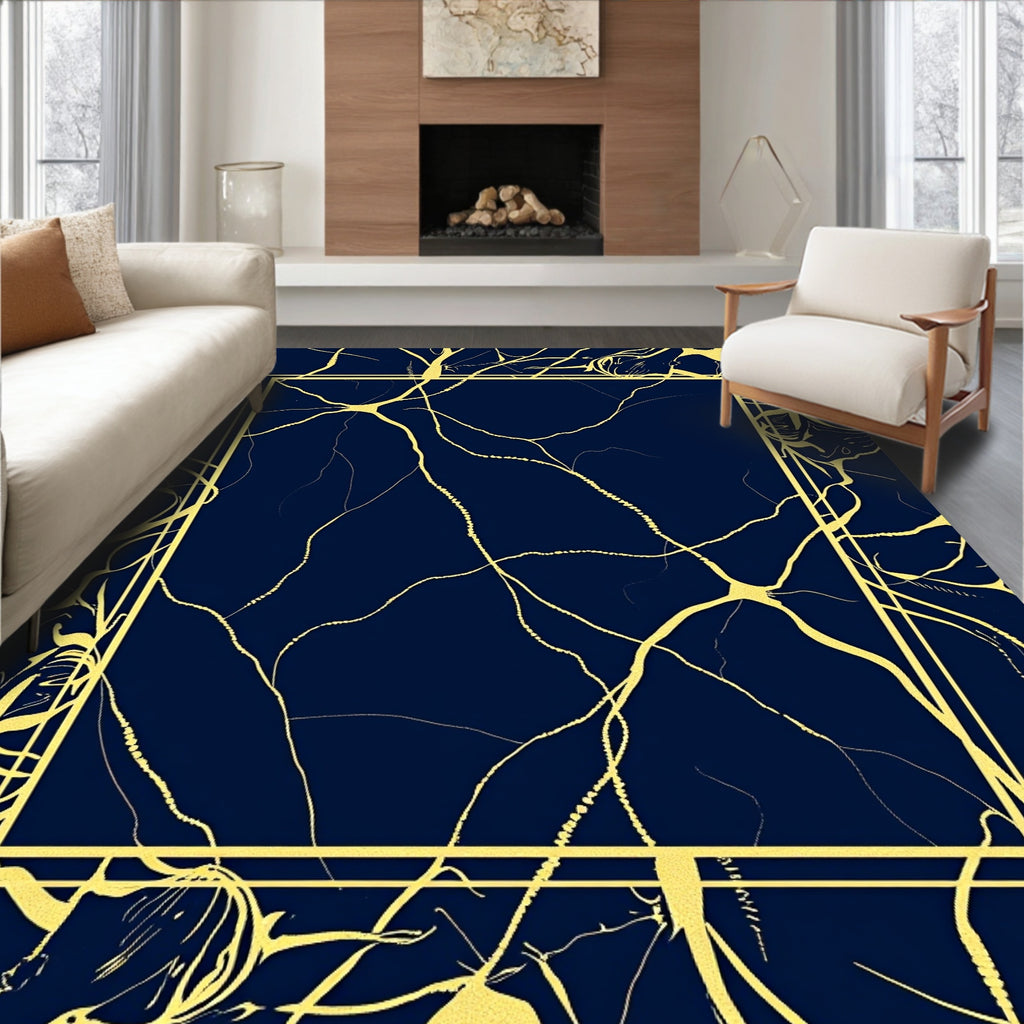 Navy Gold Crackle Contour Frame Rug