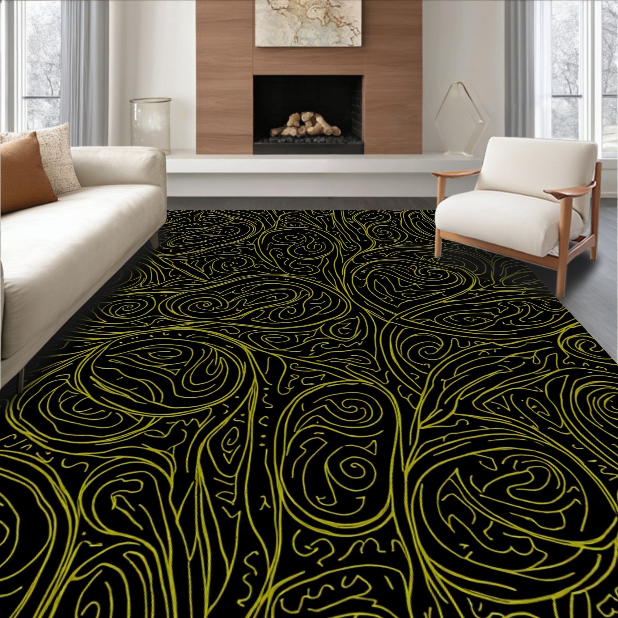 Gold Swirl Abstract Botanical Rug