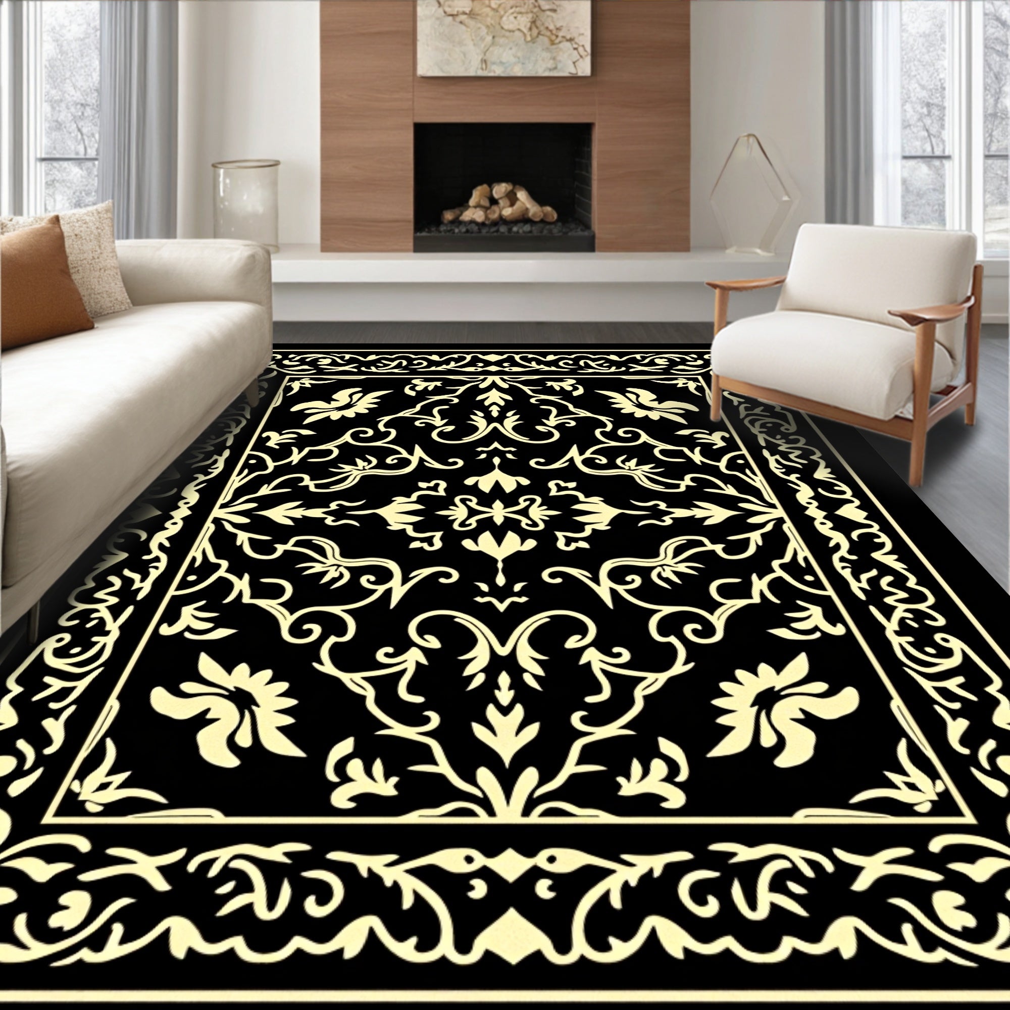 Vintage Black and Gold Floral Scroll Rug