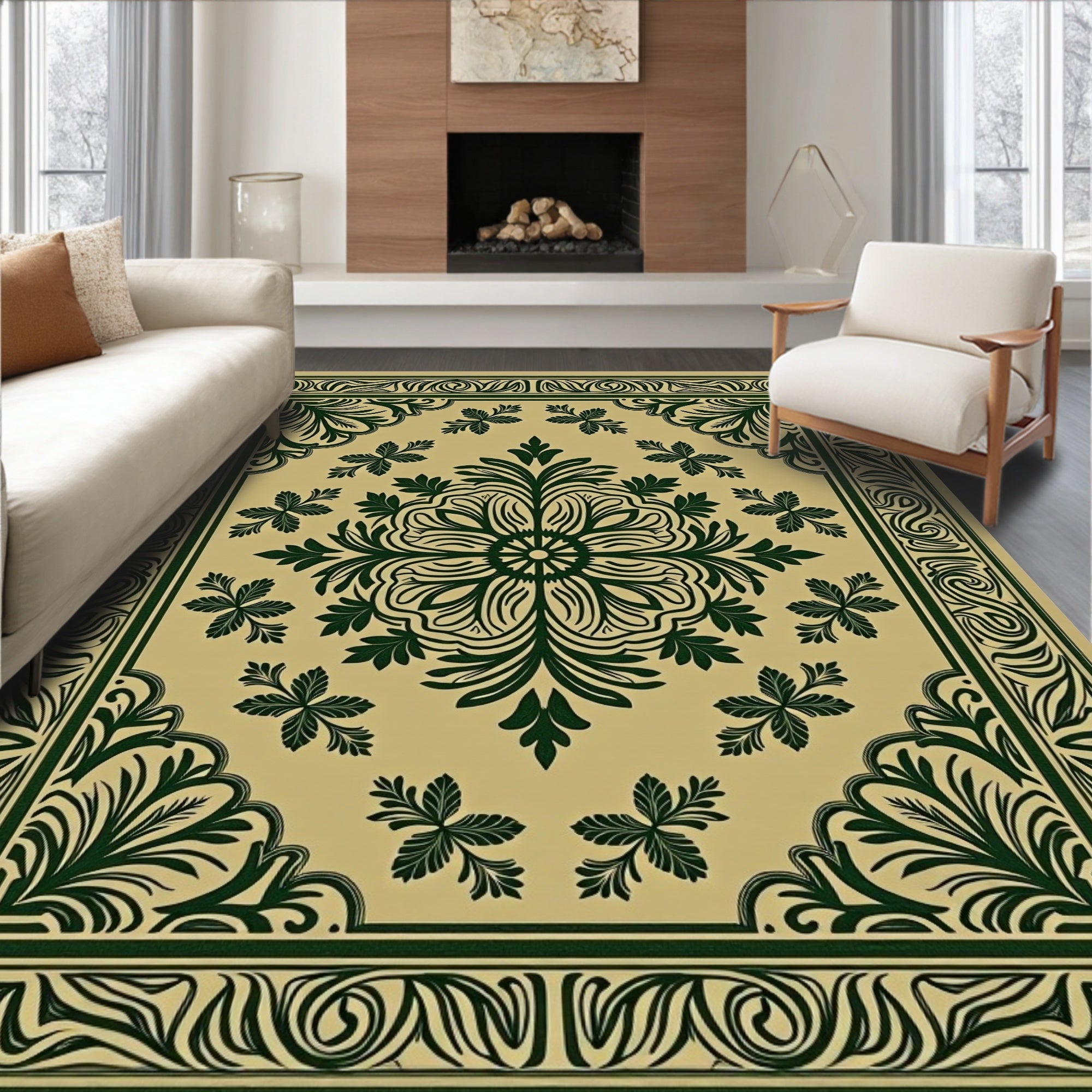 Deep Green Floral Medallion Border Rug