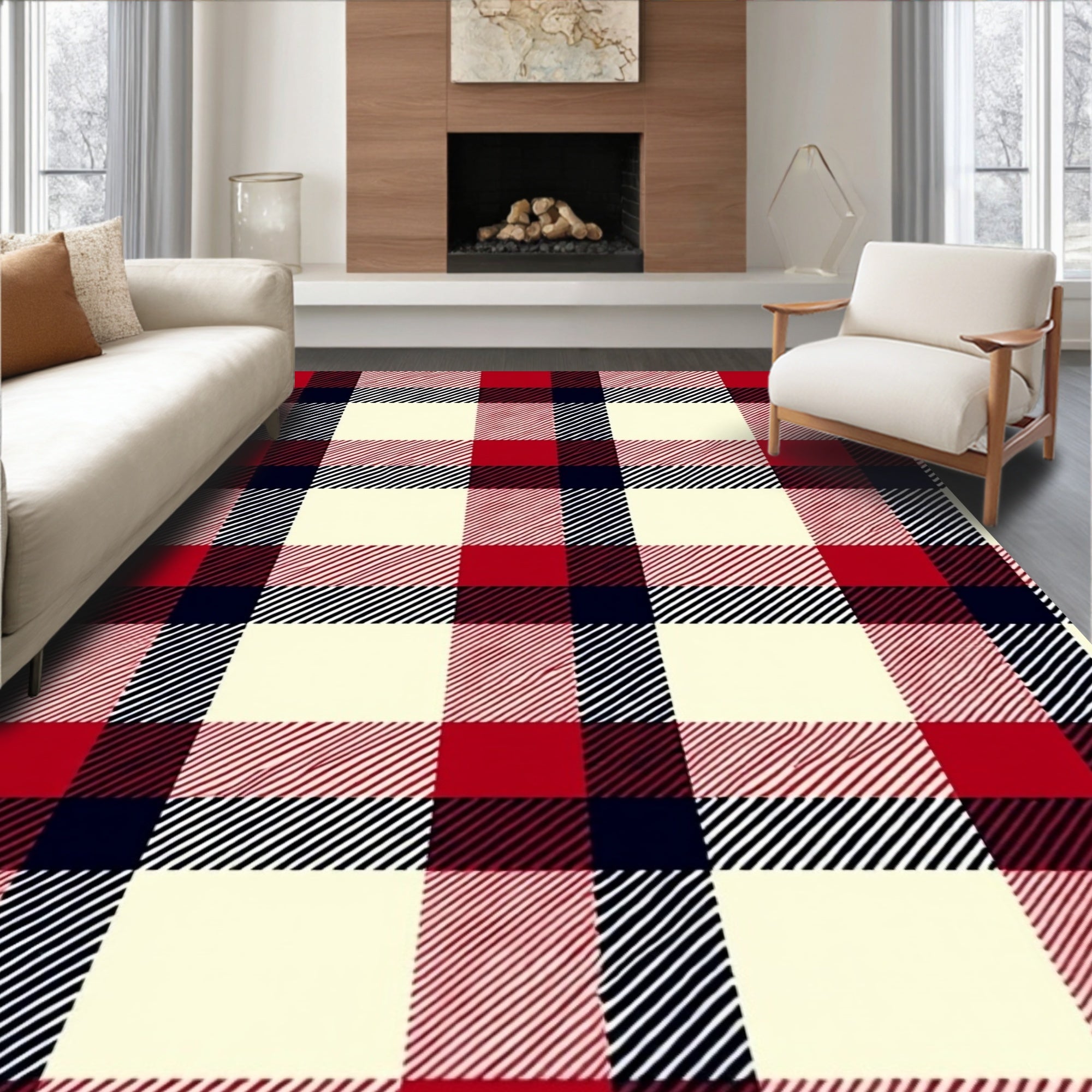 Classic Red Navy Cream Buffalo Checkered Rug
