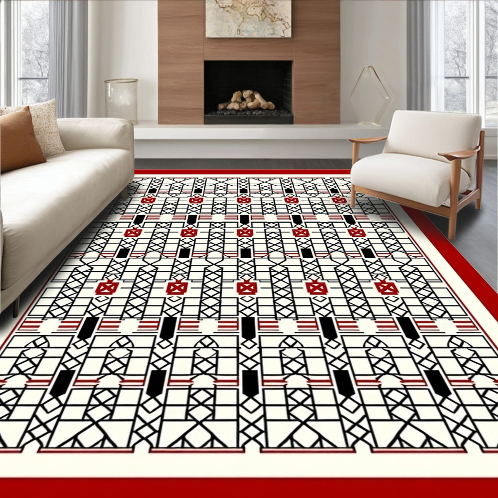 Geometric Lattice Red Black Cream Rug