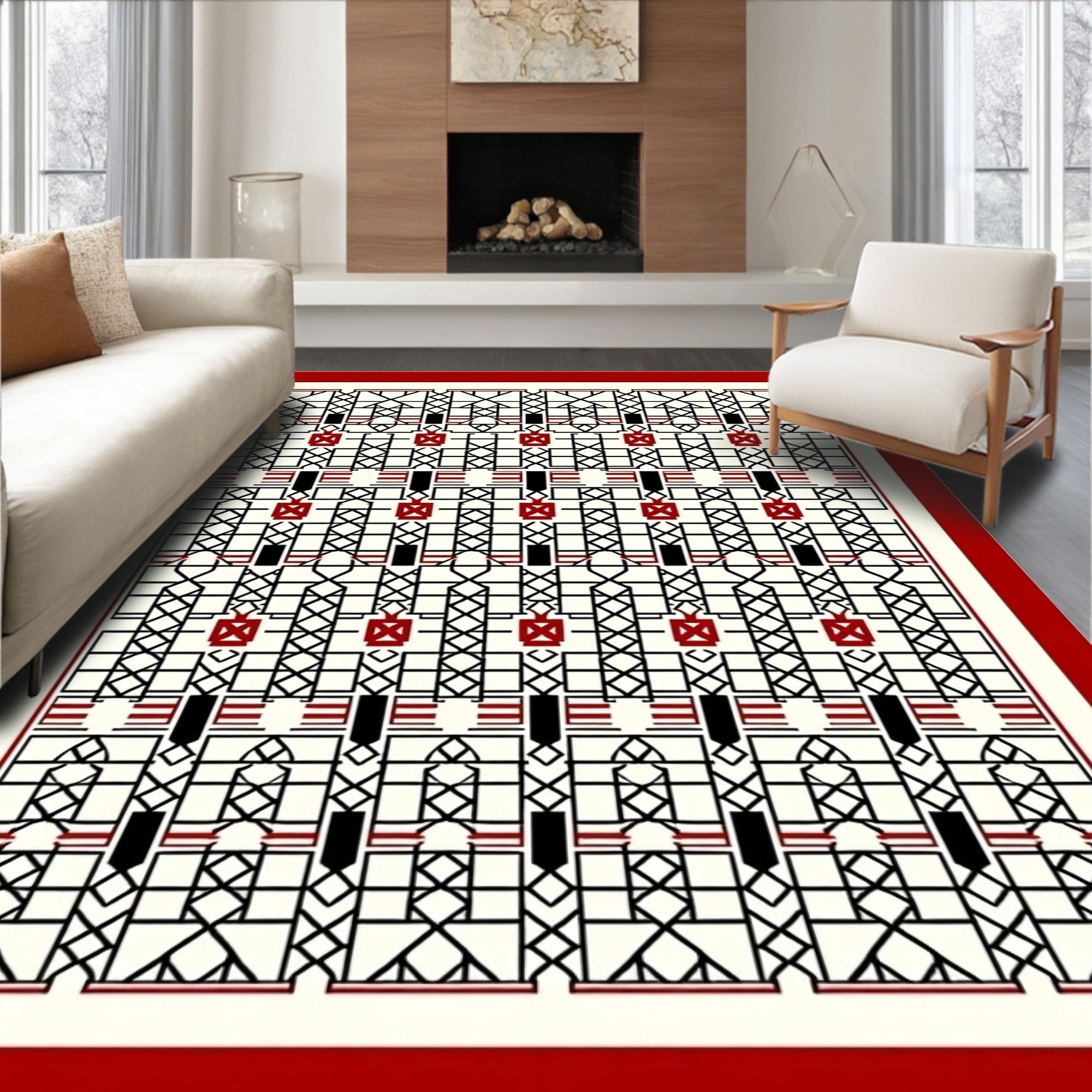 Geometric Lattice Red Black Cream Rug
