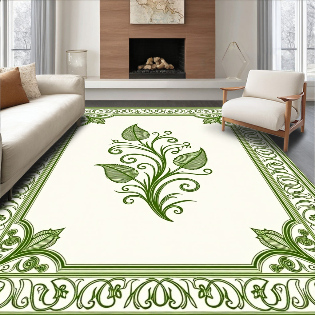 Elegant Green Leaf Scroll Border Rug