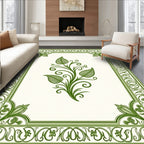 Elegant Green Leaf Scroll Border Rug