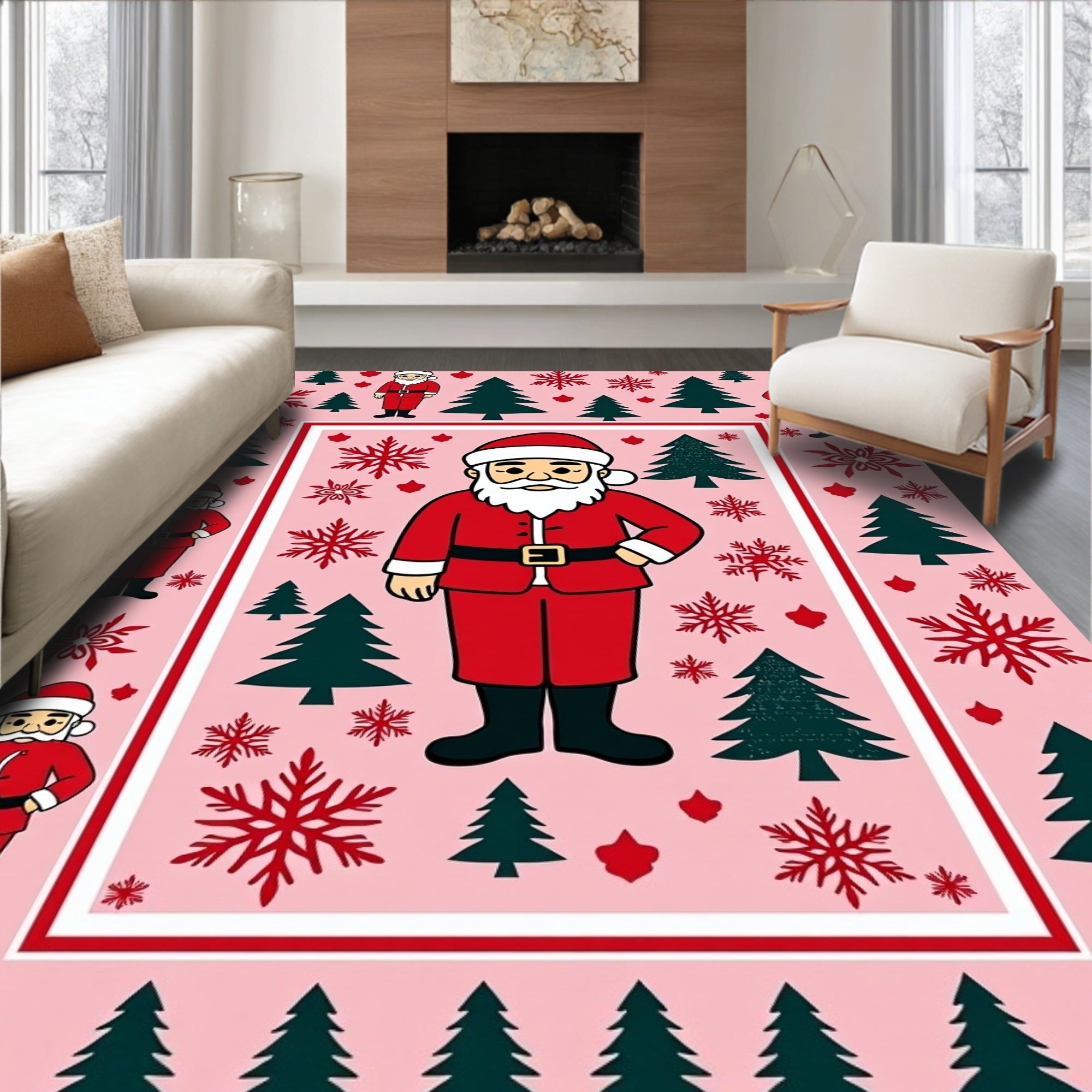 Festive Red Santa Claus Snowflakes Trees Rug