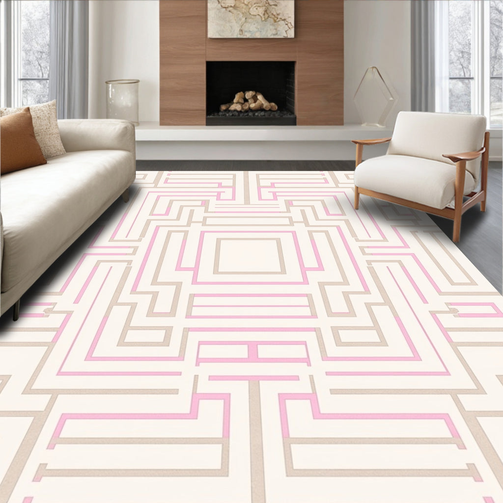 Pink and Beige Geometric Maze Rug