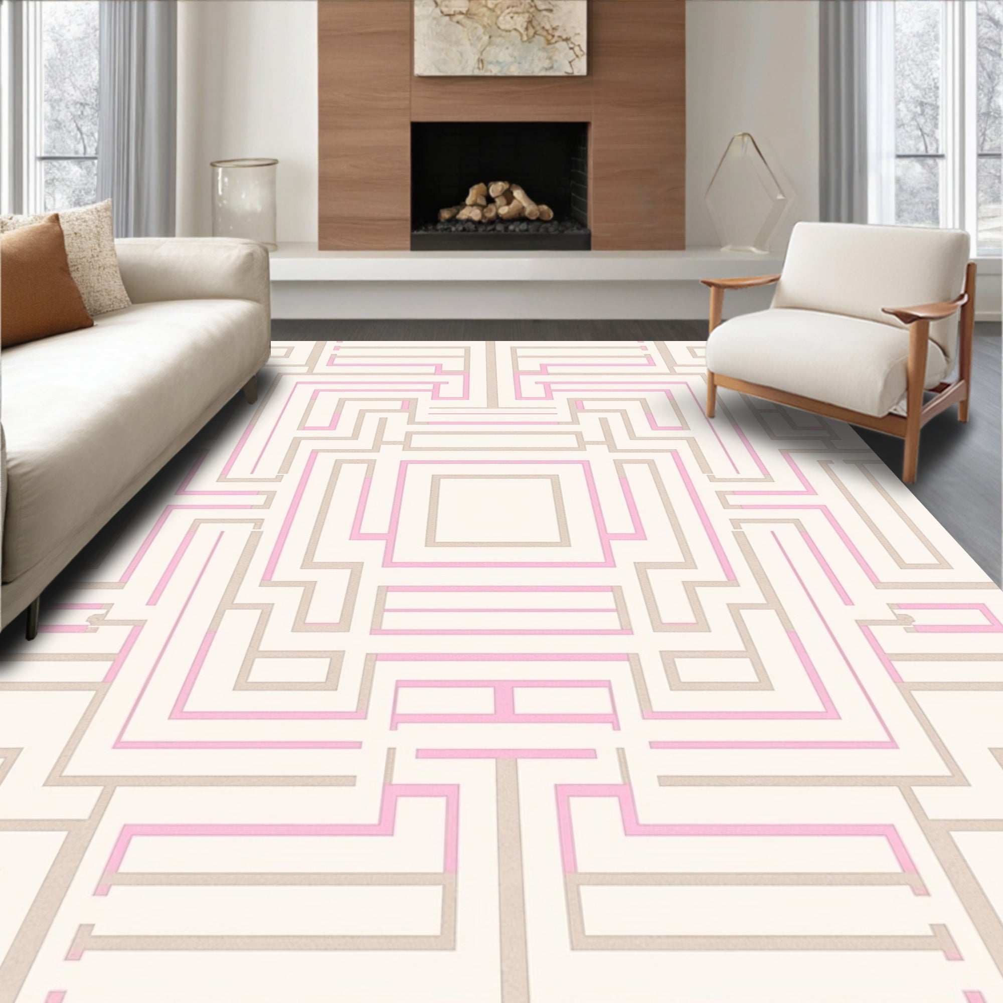Pink and Beige Geometric Maze Rug